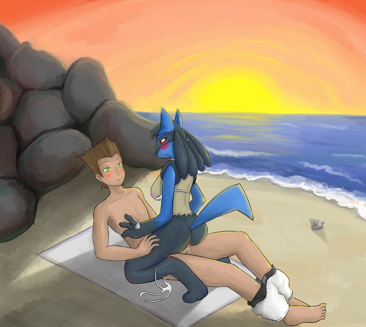 1boy 1girls anthro ass beach blue_fur blush bottomless bra breasts brown_hair clothes colored female fur furry green_eyes human insertion interspecies lucario male male_human/female_anthro male_human/female_pokemon nipples outdoors panties penis pokemon pokemon_(species) pokephilia red_eyes rule34 seashell sex short_hair straight sweat tail topless water wet