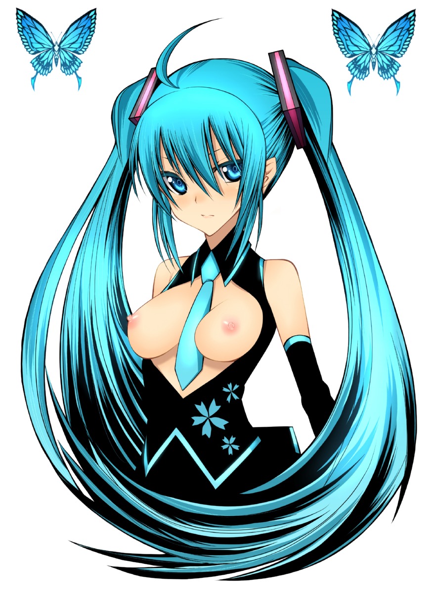 1girl 1girls ahoge aqua_eyes aqua_hair bare_shoulders between_breasts blue_eyes blue_hair breastless_clothes breastless_clothing breasts breasts_out bug butterfly daive detached_sleeves female hatsune_miku high_resolution long_hair medium_breasts necktie necktie_between_breasts nipples open_clothes open_shirt rule34 solo tied_hair topless_dress twintails very_long_hair vocaloid