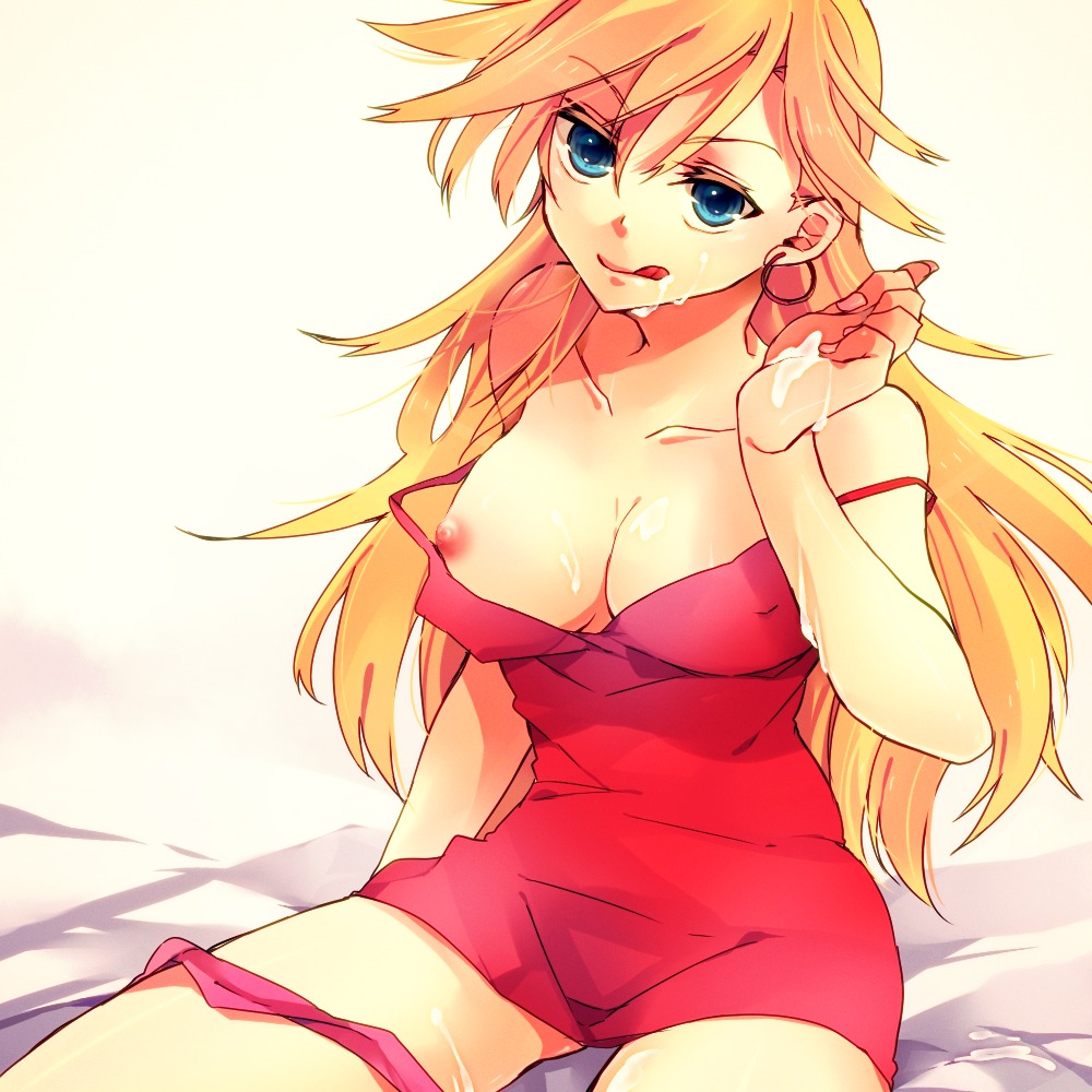 1girls bare_shoulders blonde_hair blue_eyes breasts cleavage cum cum_on_breasts cum_on_face cum_on_upper_body dress earrings erect_nipples facial female hoop_earrings large_breasts long_hair looking_at_viewer nipples no_bra off_shoulder panties panty_&amp;_stocking_with_garterbelt panty_anarchy rule34 sitting solo tongue