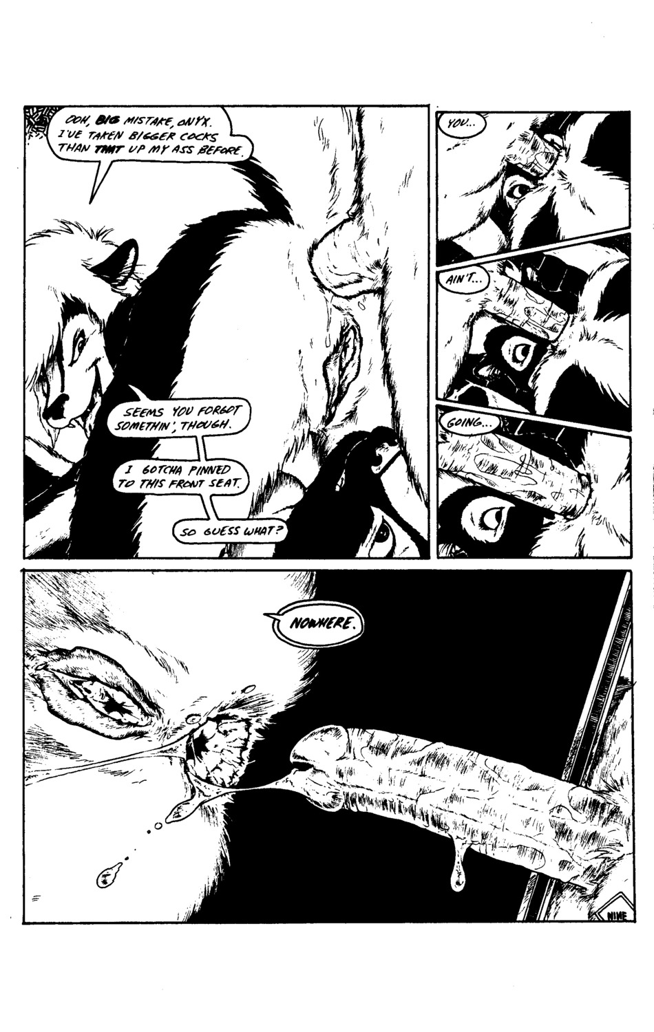2000 absurd_res anal anal_penetration anthro anus balls black_and_white bodily_fluids circumcised close-up comic cum cum_in_ass cum_inside dialogue domestic_cat e621 english_text erection felid feline felis female gaping gaping_anus genital_fluids genitals group group_sex hi_res humanoid_genitalia humanoid_penis interspecies james_m_hardiman looking_back lori_(jmh) male male/female mammal mephitid messy monochrome nude onyx_(jmh) penetration penis raised_tail sex skunk tail text vulva