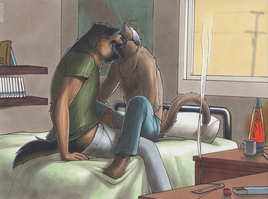 2009 anthro anthro_on_anthro bed bedroom black_snout bottomwear brown_body brown_fur canid canine canis clothed clothing denim denim_bottomwear denim_clothing detailed_background digital_media_(artwork) domestic_cat domestic_dog duo e621 electrical_pole erection felid feline felis fur furniture genitals green_clothing green_shirt green_topwear humanoid_genitalia humanoid_penis incense incense_stick inside jeans lamp lava_lamp male male/male mammal marker_(artwork) meesh on_bed pants penis penis_poking_out penis_through_fly sex shaded shirt smoke tail topless topwear traditional_media_(artwork)