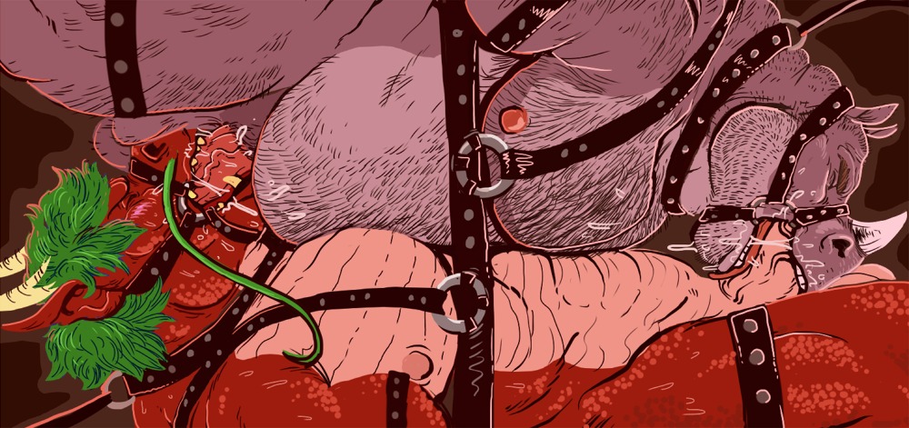 69_position abs animal_genitalia anthro anthro_on_anthro balls bdsm belly_hair biceps big_muscles blush bodily_fluids body_hair bondage bondage_gear bound bound_together chest_hair cobondage cum cum_in_mouth cum_inside cumshot dragon dramamine duo e621 ejaculation erection eyes_closed facial_hair fellatio forced forced_oral forced_orgasm forced_partners fully_bound genital_fluids genitals green_hair grey_body grey_skin hair hairy harness horn interspecies leather leather_daddy lying male male/male male_penetrated male_penetrating male_penetrating_male mammal muscular muscular_male mythological_creature mythological_scalie mythology nipples on_back on_front oral oral_penetration orgasm overweight overweight_male pecs penetration penile penis red_body red_skin reptile reverse_forced_oral rhinoceros rienn scales scalie sex sheath shoulder_hair submissive submissive_male vein whiskers