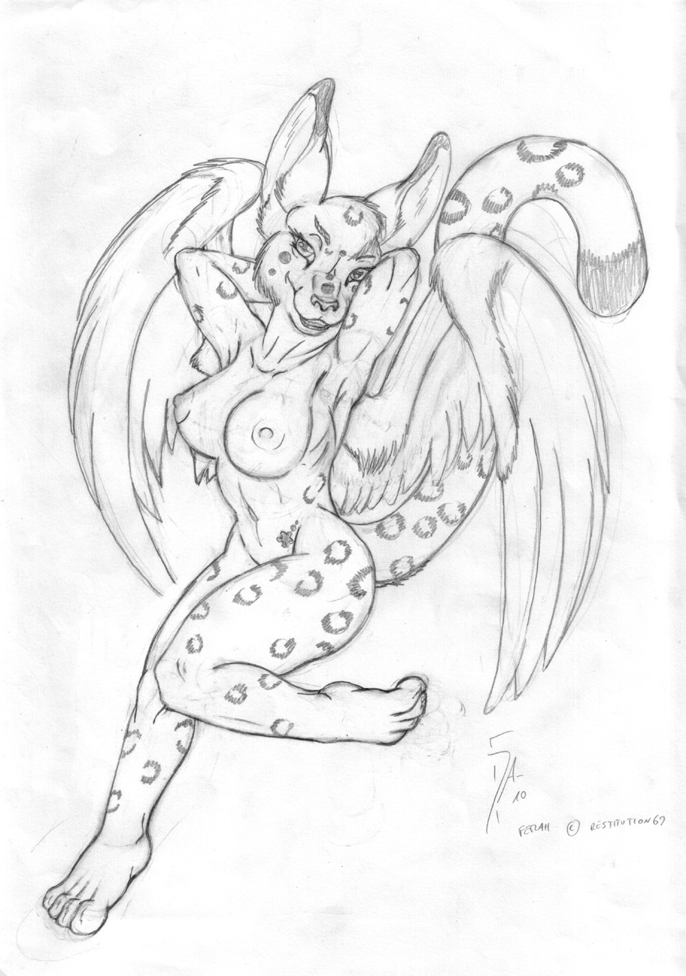 2010 anthro breasts dark-ahroun-friesian e621 feathered_wings feathers felid female hi_res leopard leopard_spots mammal monochrome nipples nude pantherine sketch solo spots tail wings