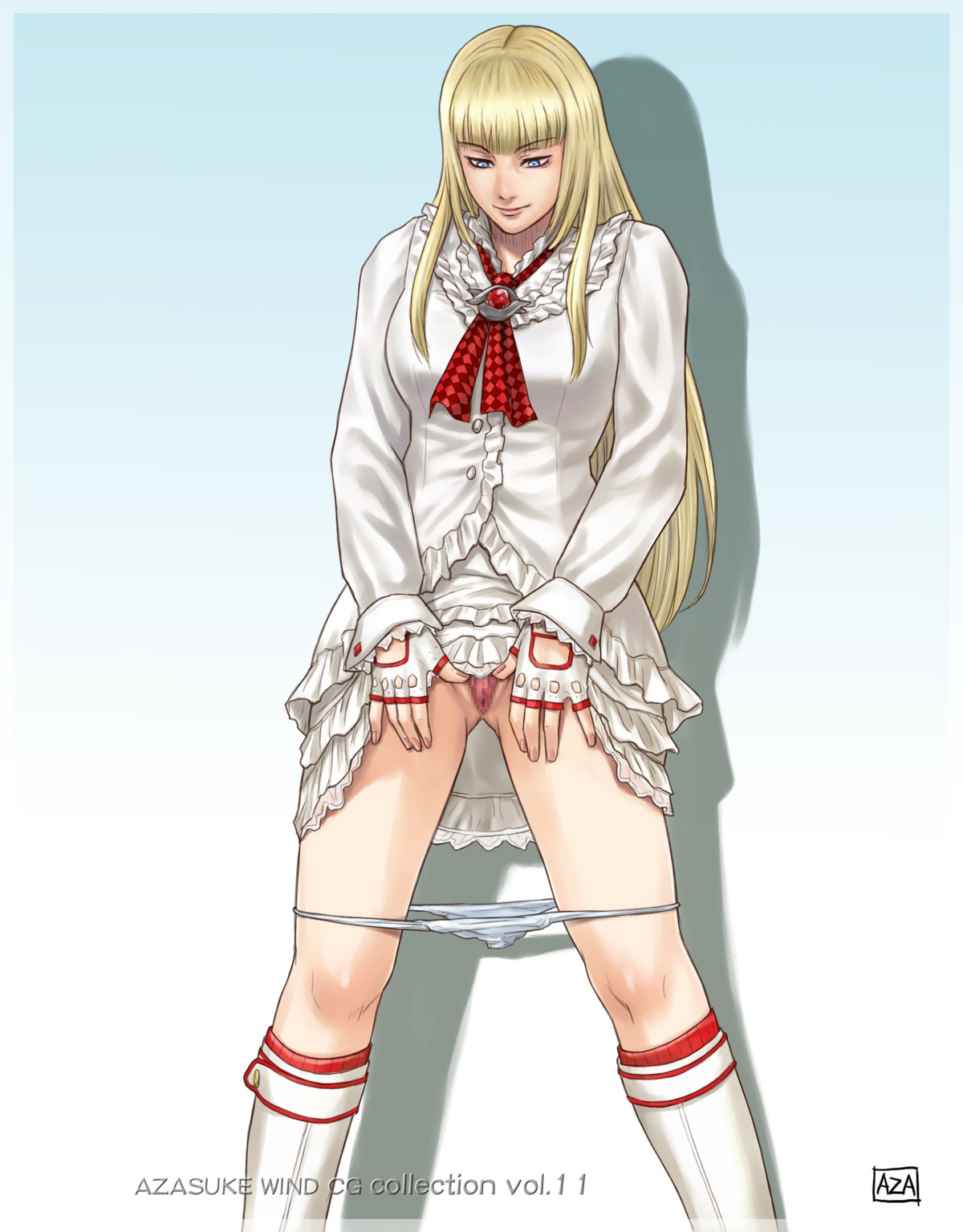 1girls azasuke bangs blonde_hair blunt_bangs boots censored dress dress_lift emilie_de_rochefort female female_only flashing footwear frills hi_res highres kneehighs legs long_hair long_legs mosaic_censoring namco panties panties_down panty_pull presenting presenting_pussy pussy rule34 simple_background socks solo spread_pussy tall tall_female tekken tekken_5_dark_resurrection thighs