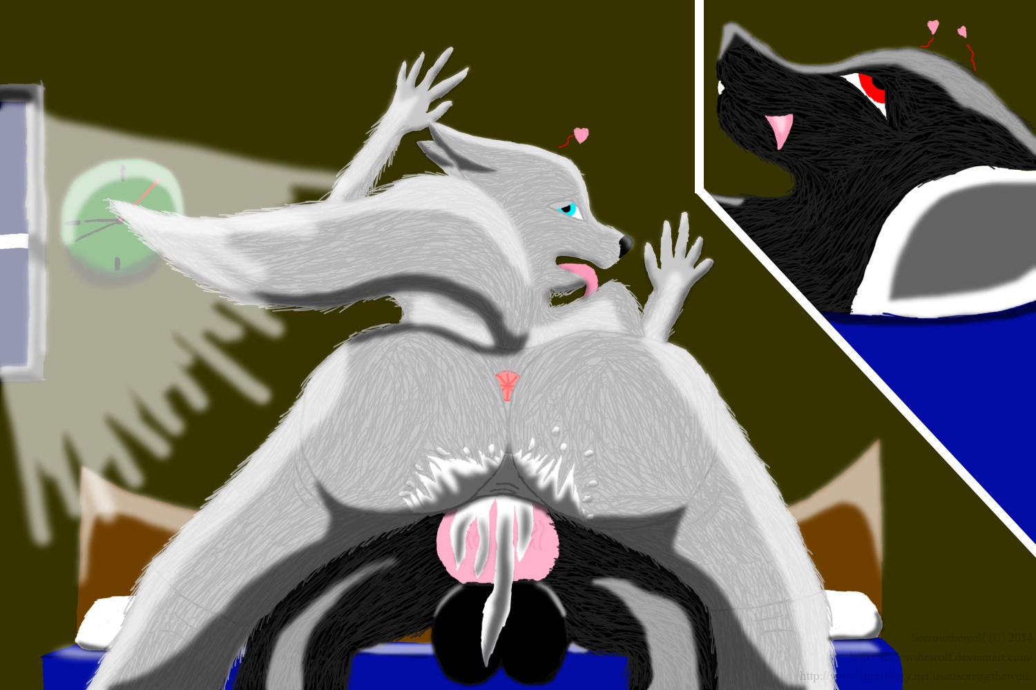3:2 anthro balls big_balls big_penis bodily_fluids canid canine canis cum cum_in_vagina cum_inside duo e621 erection female genital_fluids genitals happy looking_at_viewer male male/female mammal night penis presenting sex sorrowthewolf vulva wolf