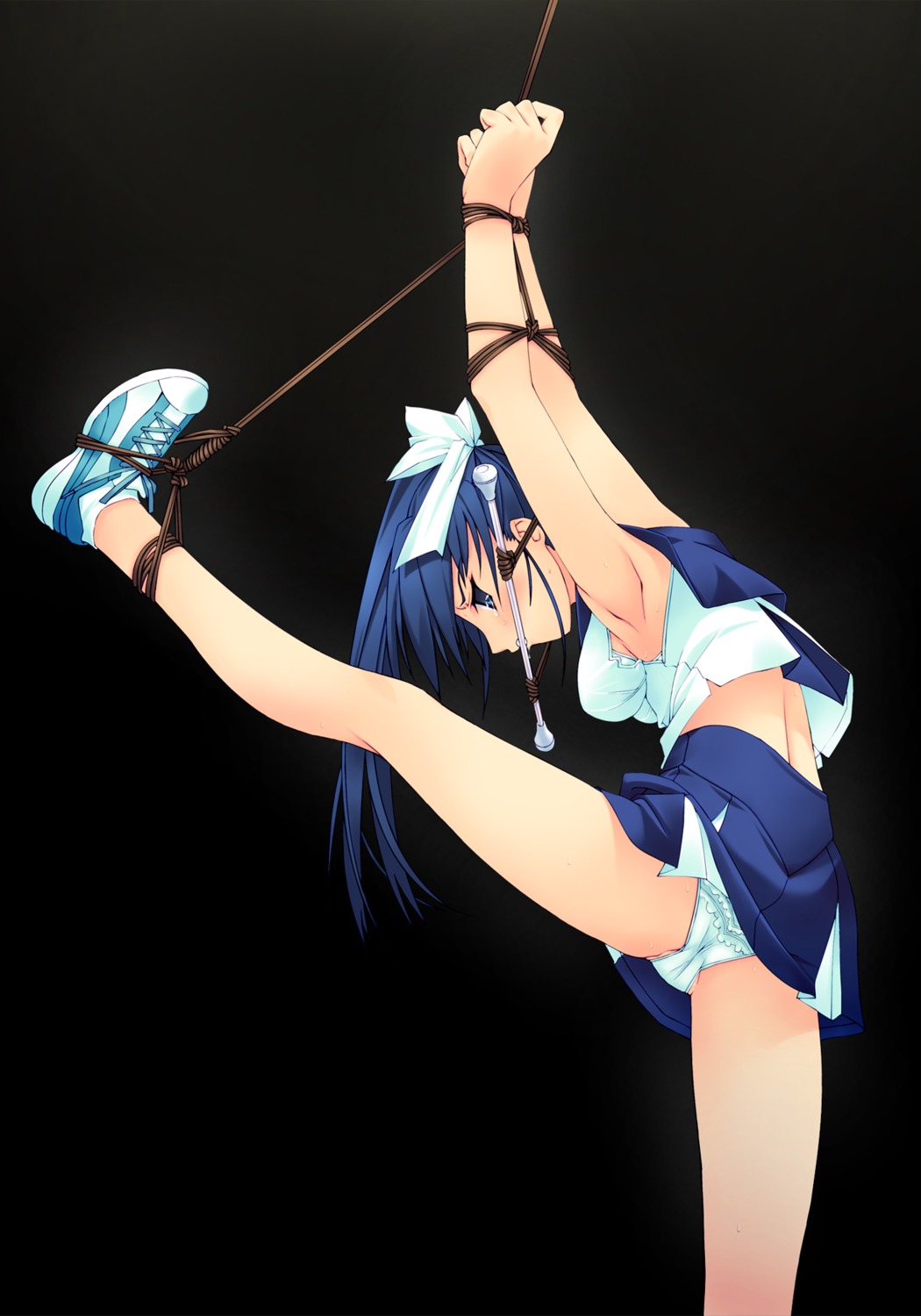 1girls arms_up baton bit_gag blouse blue_eyes blue_hair blue_panties bondage bound_arms cameltoe cheerleader female female_focus female_human female_only frilled_panties frills gag gagged highres human human_female human_focus human_only lace-trimmed_panties leg_lift looking_back midriff miniskirt murakami_suigun panties pantyshot partially_visible_vulva petticoat profile pussy restrained rope rule34 skirt sleeveless solo solo_female solo_focus tears tied underwear