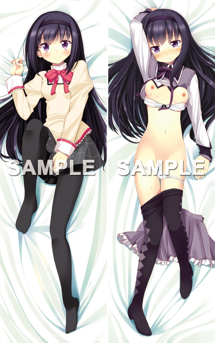 akemi_homura arm_up back black_legwear blush bra bra_pull breasts censored covering covering_crotch dakimakura female hairband highres komone_ushio lingerie long_hair magical_girl mahou_shoujo_madoka_magica midriff navel nipples open_clothes open_shirt panties panty_pull pantyhose pantyhose_pull purple_eyes rule34 sample school_uniform shirt skirt skirt_removed smile underwear