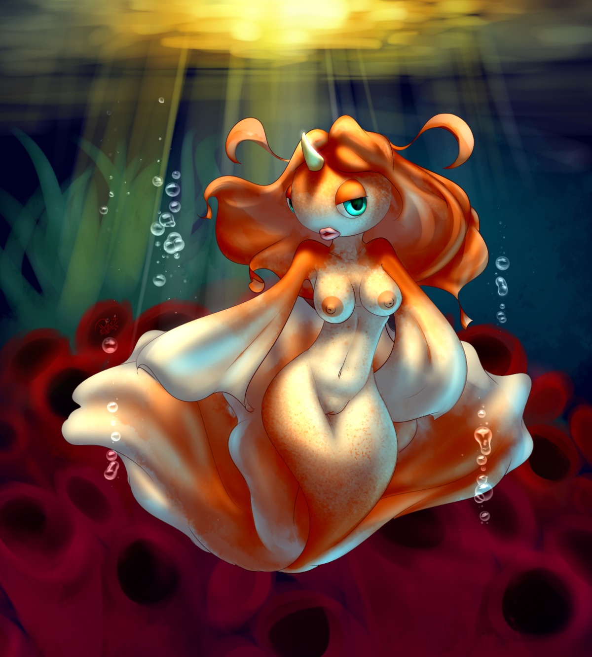 2013 afternoon ambient_coral ambient_sealife anthozoan anthro anthrofied aquatic arm_fin breasts bubble cnidarian coral digital_media_(artwork) e621 elpatrixf female fin fish generation_1_pokemon genitals goldeen hair hi_res horn light lips long_hair looking_at_viewer merfolk mermaidification navel nintendo nipples non-mammal_breasts non-mammal_nipples noseless nude open_mouth orange_hair outside pokemon pokemon_(species) pokemorph solo split_form sun sunlight teal_eyes underwater vulva water