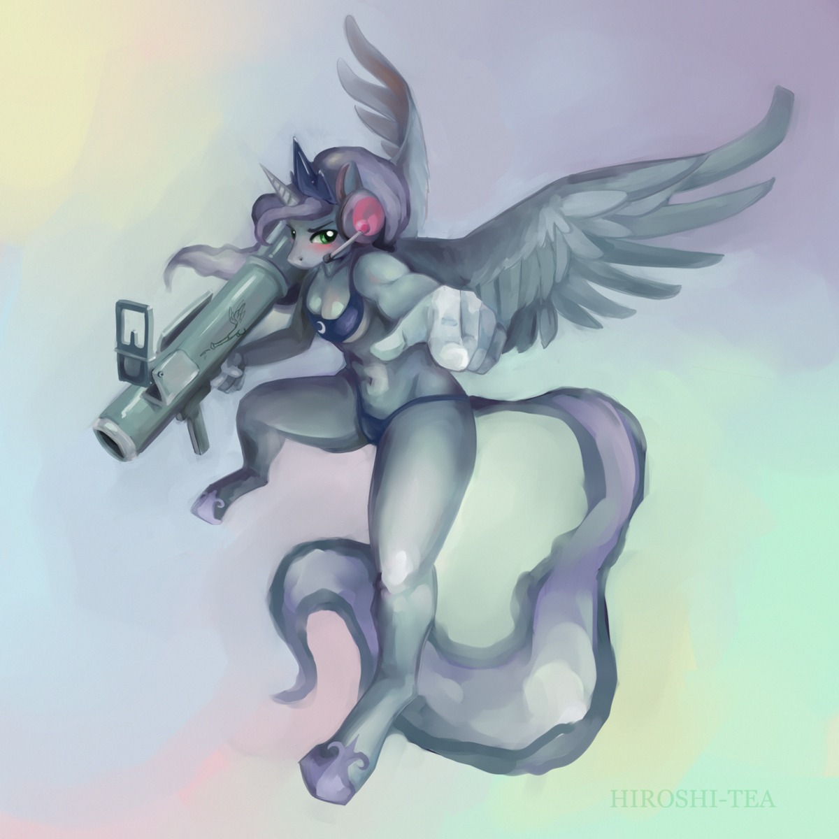 1:1 2013 anthro anthrofied bikini blue_body blue_feathers blush breasts cleavage clothed clothing e621 electronics english_text equid equine feathered_wings feathers female flying forefinger friendship_is_magic gesture green_eyes grenade_launcher gun hand_gesture hasbro headphones hi_res hiroshi-tea horn mammal my_little_pony mythological_creature mythological_equine mythology pointing pointing_at_viewer princess_luna_(mlp) ranged_weapon solo swimwear text tight_clothing two-piece_swimsuit weapon winged_unicorn wings