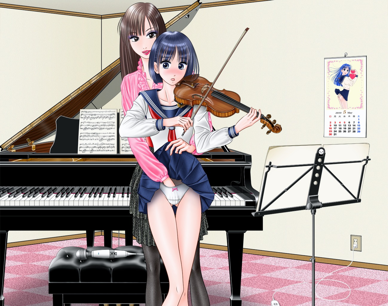 2girls blue_eyes blue_hair blush brown_hair clothing female fingering instrument long_hair multiple_females multiple_girls original panties piano rule34 school_uniform seifuku skirt underwear vibrator violin yuri