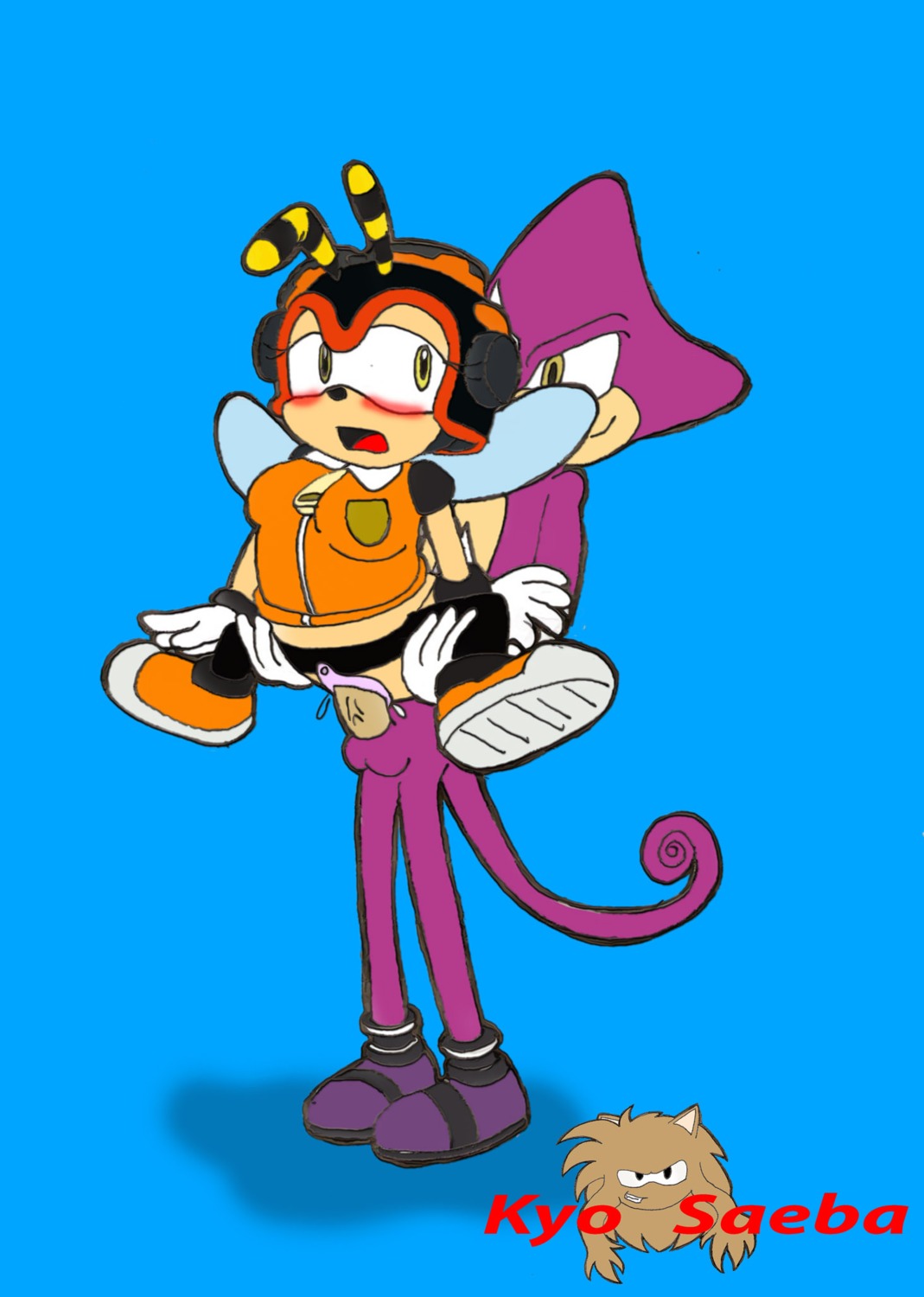 1boy 1girls anthro armor bee carrying chameleon charmy_bee clothing espio_the_chameleon female genderswap genderswap_(mtf) helmet interspecies kyo_saeba lizard male nude penetration penis pussy reptile rule34 rule_63 scalie sega sex sonic_(series) sonic_the_hedgehog_(series) spread_legs standing straight tail
