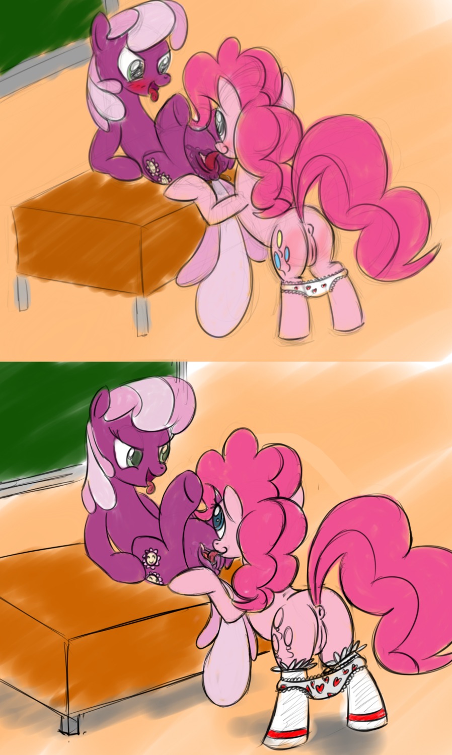 cheerilee_(mlp) earth_pony equine female female_only friendship_is_magic fur horse multiple_females my_little_pony pink_fur pinkie_pie_(mlp) pony purple_fur rule34 straight_hair tagme yuri