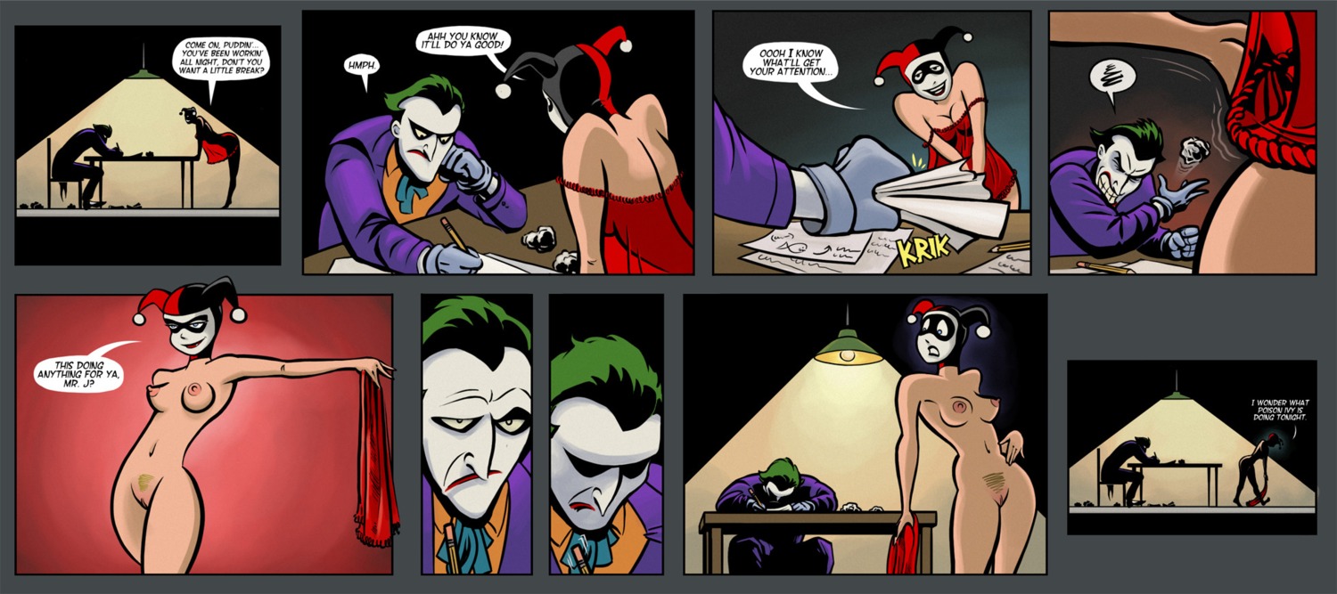 1boy 1girls annoyed babydoll batman:_the_animated_series batman_(series) breasts comic dc dc_comics dcau dialogue female harley_quinn harley_quinn_(classic) joker lingerie macabrodentist male nipples not_impressed nude nude_female pubic_hair rule34 speech_bubble the_joker undressing