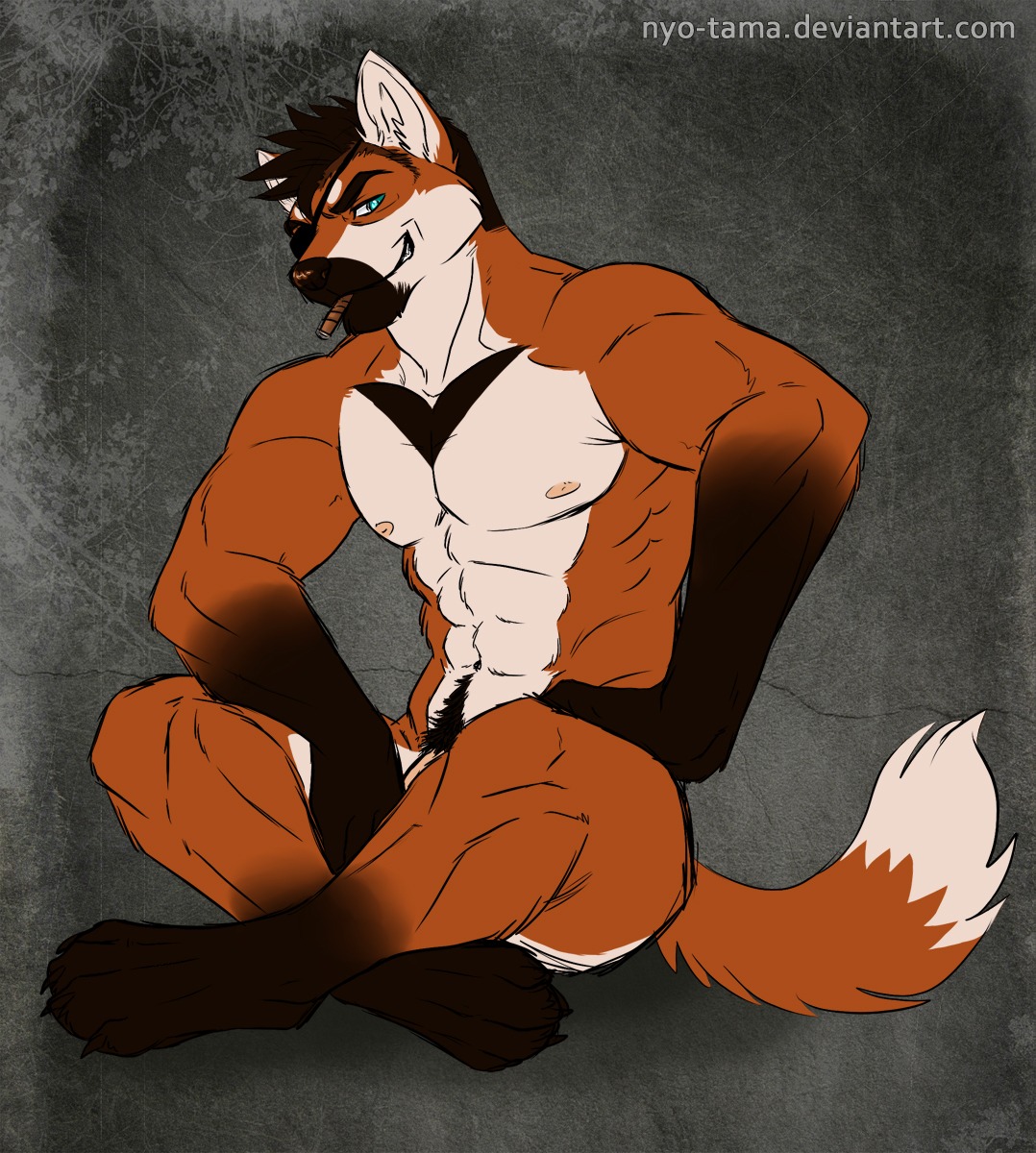 2012 abs animal_genitalia anthro biceps biped black_body black_fur blue_eyes brown_body brown_fur canid canine cigar claws demireality e621 eye_patch eyewear fangs flaccid fox fur genitals grin hi_res looking_at_viewer male mammal maned_wolf muscular muscular_anthro muscular_male nipples nude pawpads paws pecs penis pose pubes sheath sitting smile smoking solo teeth text toe_claws url vein white_body white_fur