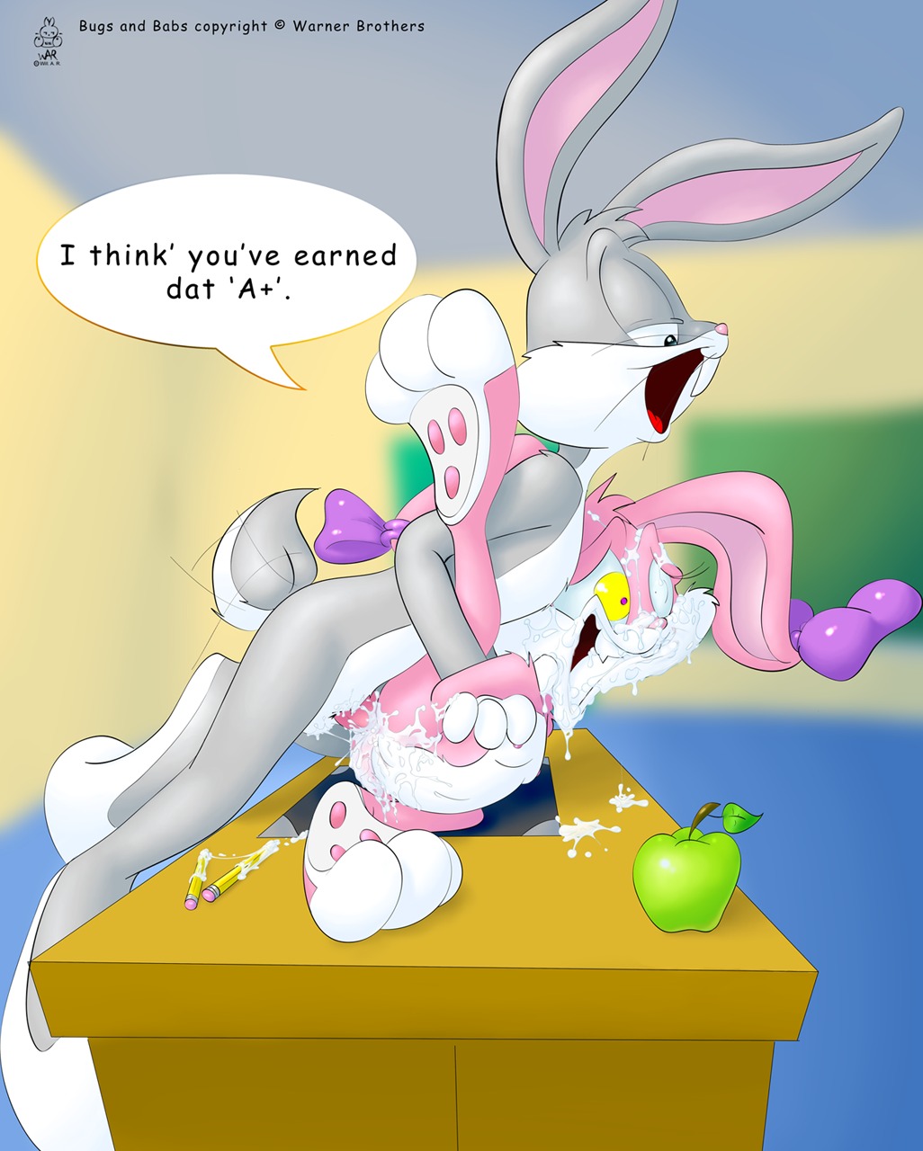 3_toes 4_fingers anthro apple babs_bunny balls barefoot bow bugs_bunny cum cum_in_anus cum_in_mouth cum_on_balls cum_on_belly cum_on_face dialog english_text excessive_cum female flat_chest fur furry_tail grey_fur indoors ishoka looney_tunes male mammal nipples pencil pink_fur rabbit raised_leg rule34 sex side_view size_difference speech_bubble straight table tail tailwag text tiny_toon_adventures uncensored white_fur young