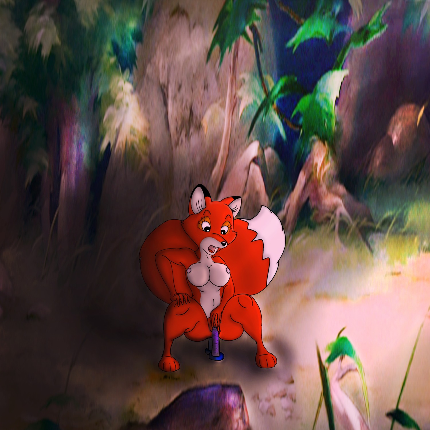 1:1 absurd_res anthro breasts canid canine detailed_background dildo dildo_in_vagina dildo_insertion dildo_sitting dipstick_tail disney e621 female forest fox front_view genitals hi_res mammal markings nature outside penetration plant red_fox rubbing sex_toy sex_toy_in_vagina sex_toy_insertion solo tail tail_markings the_fox_and_the_hound thespringmousestof tree true_fox vaginal vaginal_penetration vixey_(tfath) vulva wood
