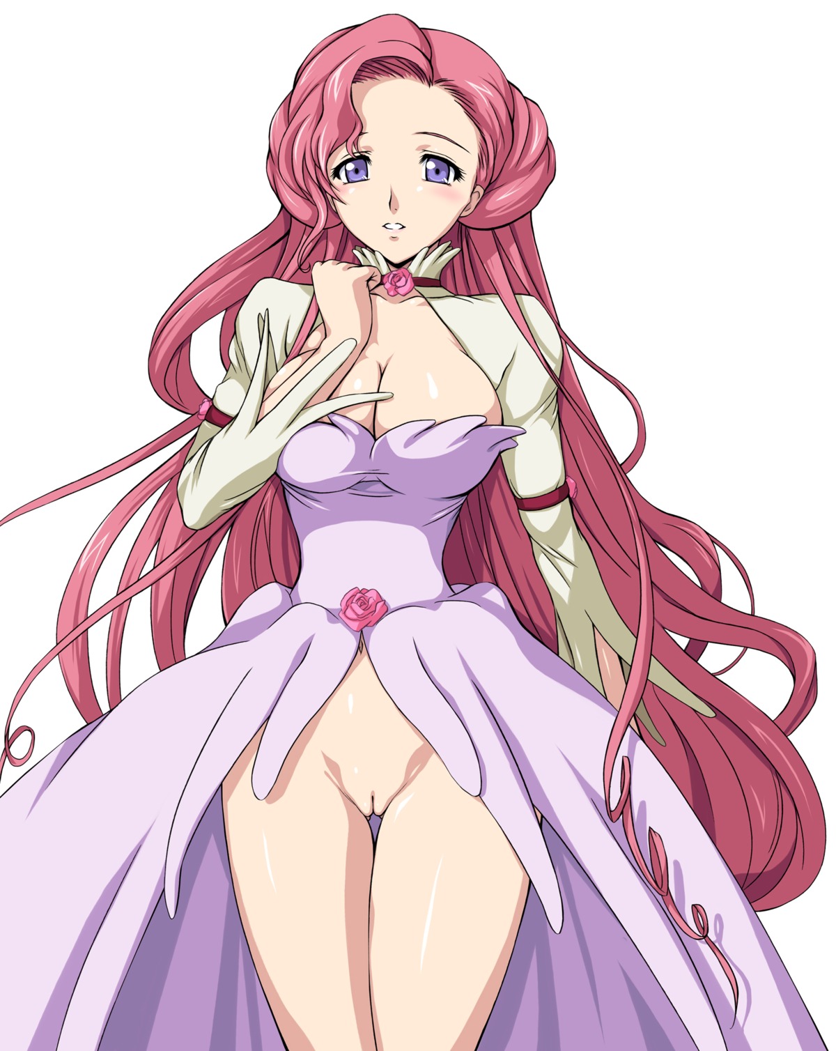 blue_eyes blush bottomless breasts cleavage code_geass euphemia_li_britannia female highres no_panties open_mouth pink_hair pussy rule34 solo standing uncensored very_long_hair white_background zundarepon