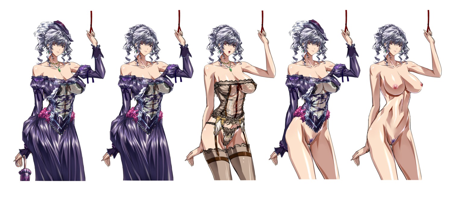 18th_century 2d bottomless character_request detailed_clothes dress european european_female female garter_belt garter_straps hat highres lingerie long_image naked_thighhighs necklace nipples no_bra_under_clothes nude original parasol pointy_chin ponytail pubic_hair purple_dress purple_headwear q_azieru red_eyes rule34 short_hair silver_hair solo straight_hair thighhighs tied_hair umbrella uncensored underwear white_background wide_image