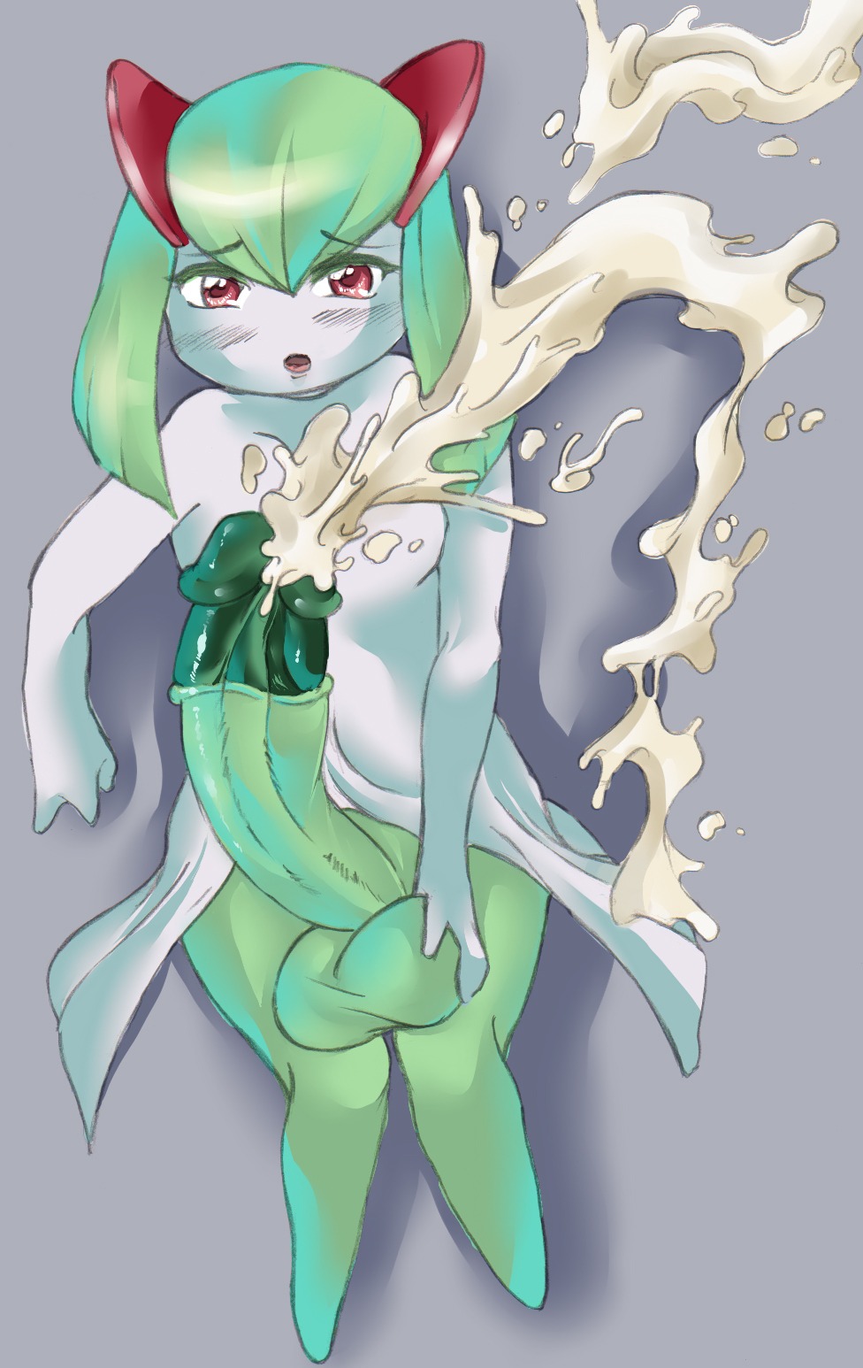 blush color cum green_skin kirlia lying male male_kirlia male_only nintendo on_back penis pokemon pokemon_(species) pokemon_rse rule34 solo tagme white_skin