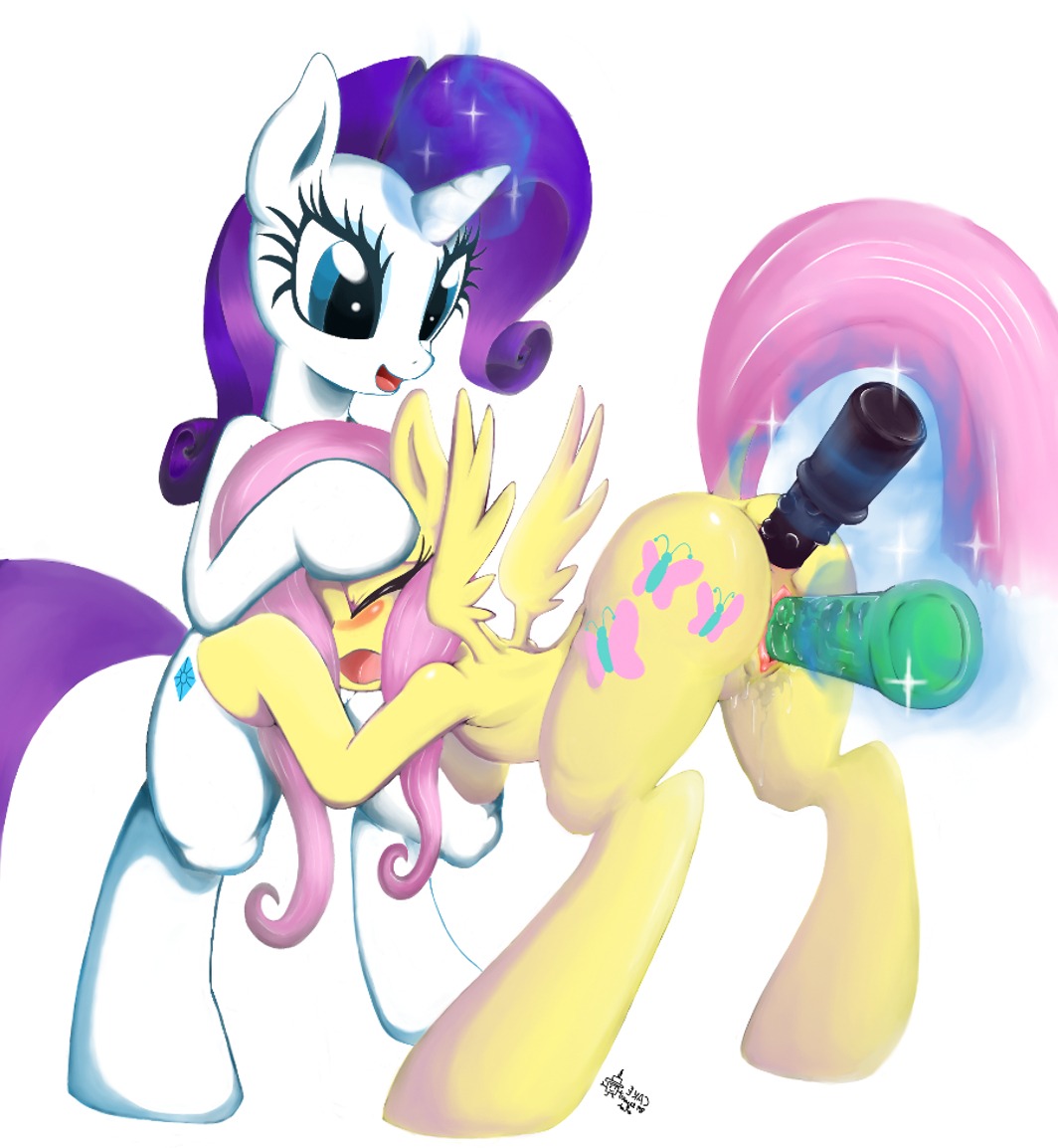 2013 anal anal_penetration anus blue_eyes cutie_mark duo e621 equid equine feathered_wings feathers female female/female feral fluttershy_(mlp) friendship_is_magic fur genitals hair hasbro horn magic mammal my_little_pony mythological_creature mythological_equine mythology pegasus penetration pink_hair purple_hair rarity_(mlp) ricocake sex_toy simple_background unicorn vaginal vulva white_background white_body white_fur wings yellow_body yellow_feathers yellow_fur