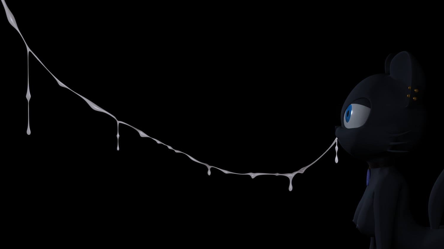 16:9 3d_(artwork) after_sex anthro biped black_background black_body blue_eyes bodily_fluids breasts collar cum cum_drip cum_in_mouth cum_inside cum_string destiny_(character) destiny_blackmoon digital_media_(artwork) domestic_cat drinking drinking_cum dripping e621 ear_piercing felid feline felis female genital_fluids hi_res kneeling mammal nude oral penile piercing simple_background solo tail widescreen