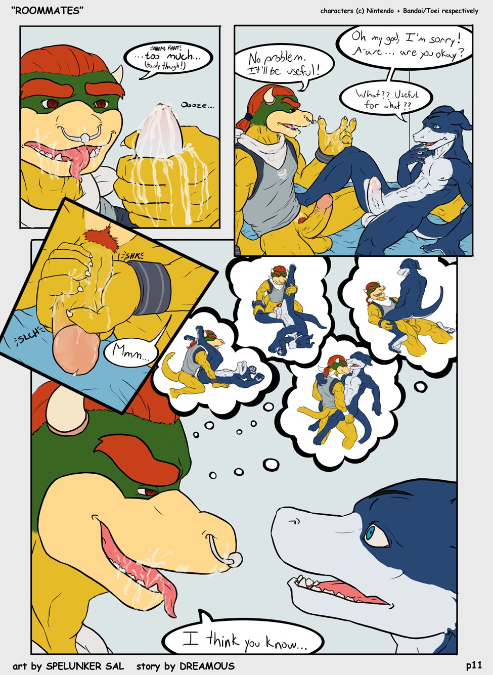 anthro anus balls bandai blush bowser_koopa_junior_(roommates) close-up comic couple cum cum_in_mouth cum_inside digimon dreamous_(writer) duo feet flamedramon furry furry_only gay giancarlo_rosato hi_res horn koopa male male/male male_only mario_(series) masturbation muscles nintendo nude open_mouth paws penis raised_tail roommates_(comic) rule34 scalie simple_background speech_bubble spelunker_sal straight_hair tail tongue yaoi