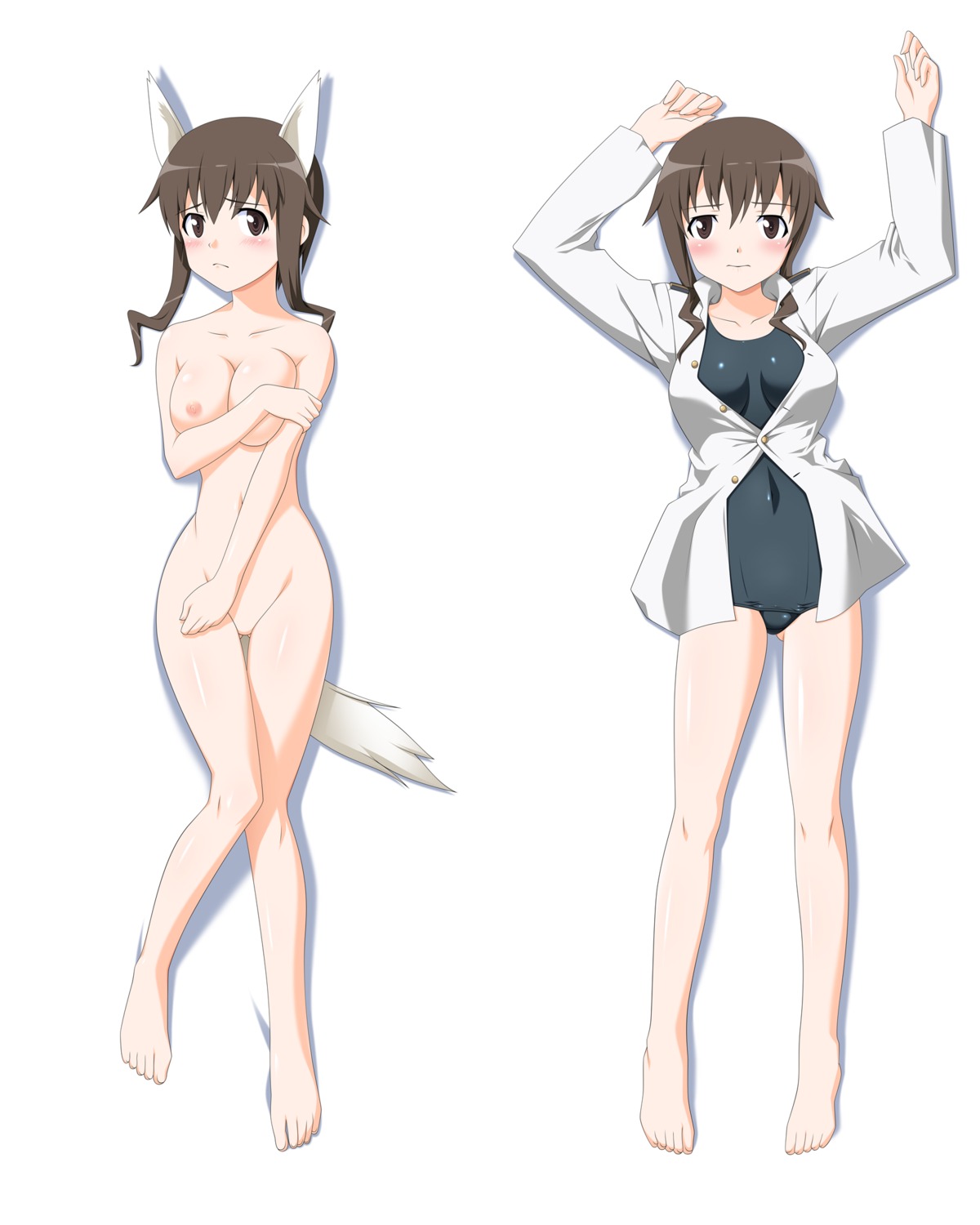 animal_ears bare_legs blush breasts brown_eyes brown_hair clothing female female_only highres large_breasts nipples nude one-piece_swimsuit pointy_chin rule34 school_swimsuit short_hair solo strike_witches swimsuit swimsuit_under_clothes tail takasugi_rinko takei_junko uniform wolf_ears world_witches_series