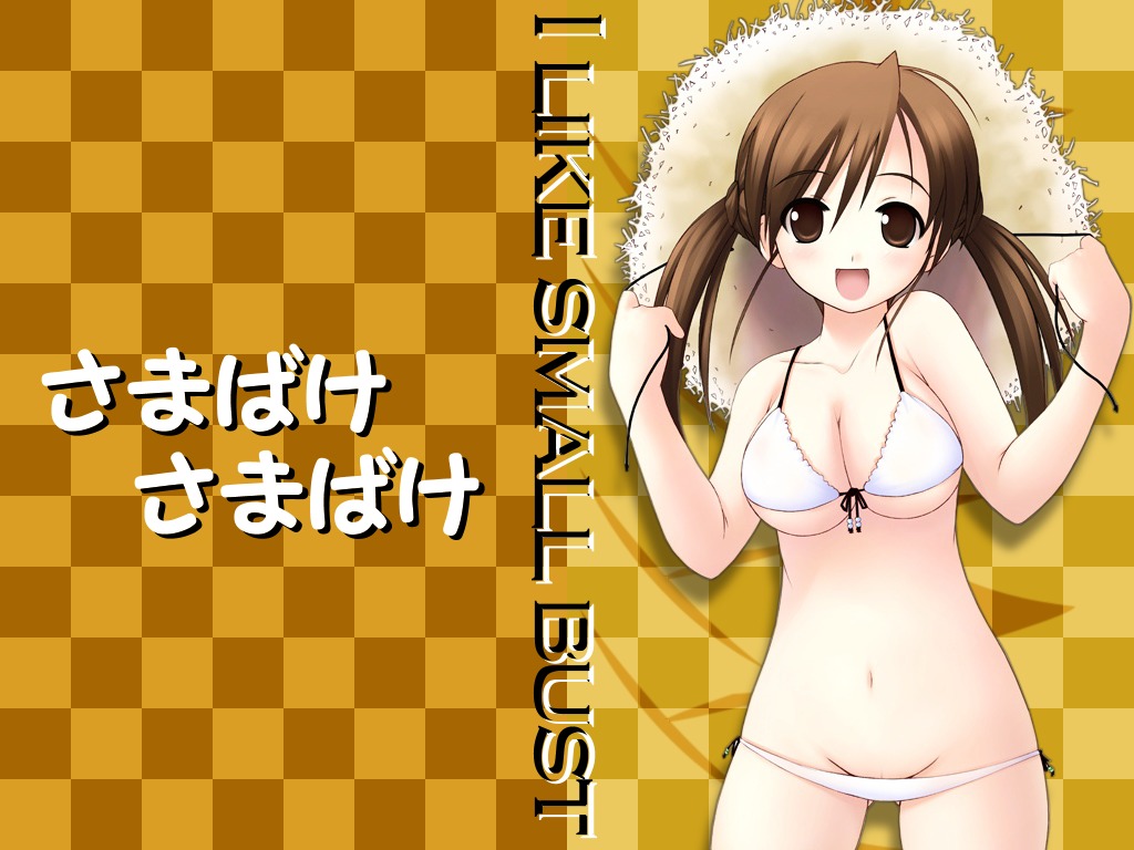 bikini breasts brown_eyes brown_hair engrish female hat irony lowleg lowleg_bikini lowleg_panties panties ranguage rule34 side-tie_bikini straw_hat swimsuit tied_hair twintails underwear wallpaper