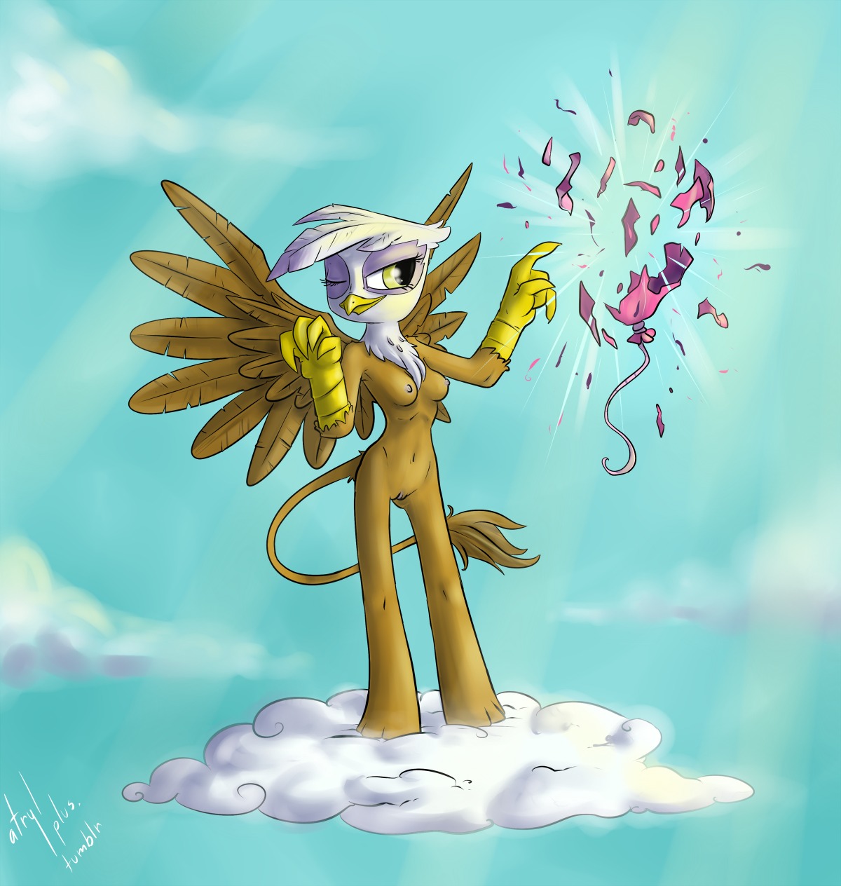 2012 anthro anthrofied atryl avian beak breasts brown_body brown_feathers cloud digital_media_(artwork) e621 feathered_wings feathers female friendship_is_magic genitals gilda_(mlp) gryphon hasbro hi_res my_little_pony mythological_avian mythological_creature mythology nipples non-mammal_breasts non-mammal_nipples nude one_eye_closed outside purple_body purple_feathers sky skyscape smile solo tail tail_tuft tuft vulva white_body white_feathers wings
