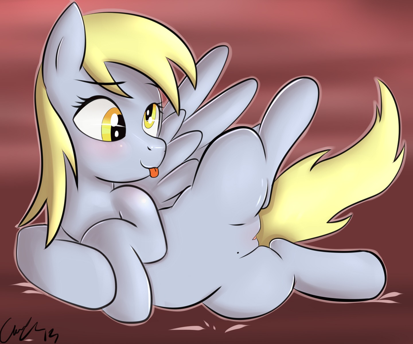 2013 6:5 blonde_hair derp_eyes derpy_hooves_(mlp) e621 equid equine eyelashes feathered_wings feathers female feral friendship_is_magic fur genitals glistening grey_body grey_feathers grey_fur grey_nose hair happy hasbro hi_res hooves long_hair lying mammal matimus91 my_little_pony mythological_creature mythological_equine mythology on_ground on_side pegasus pose raised_leg red_background shadow simple_background smile solo spread_legs spreading tongue tongue_out vulva wings yellow_eyes