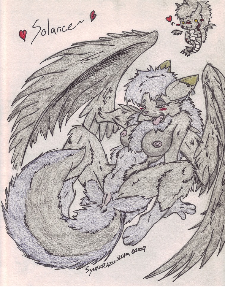 2009 anthro anus biped blush breasts domestic_cat e621 ear_piercing feathered_wings feathers felid feline felis female genitals lying mammal nipples nude on_back piercing solariceblaze9853 solo spread_legs spreading tail vulva wings