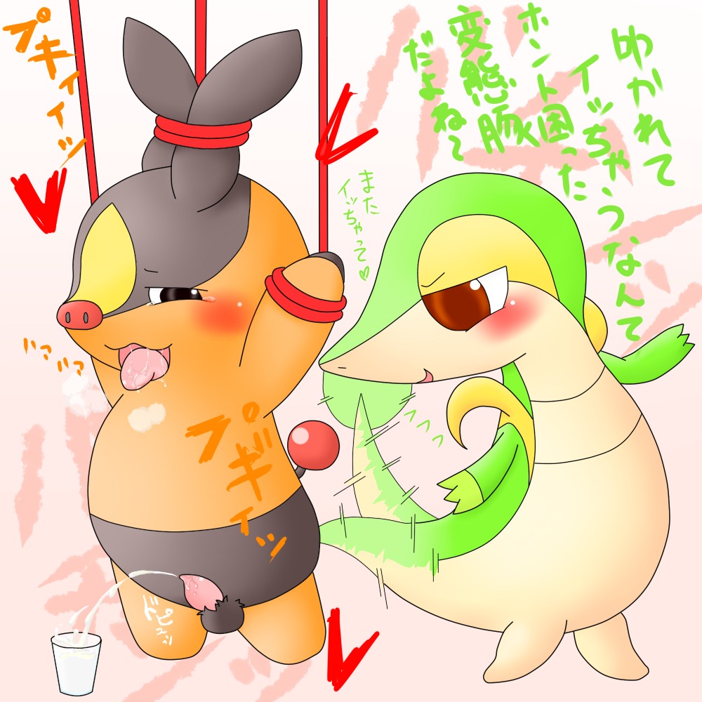1:1 bdsm blush bodily_fluids bondage bound butt_slap cum cum_from_spanking duo e621 erection generation_5_pokemon genital_fluids genitals male nintendo penis pisho pokemon pokemon_(species) slap snivy spanking tail tepig text translated