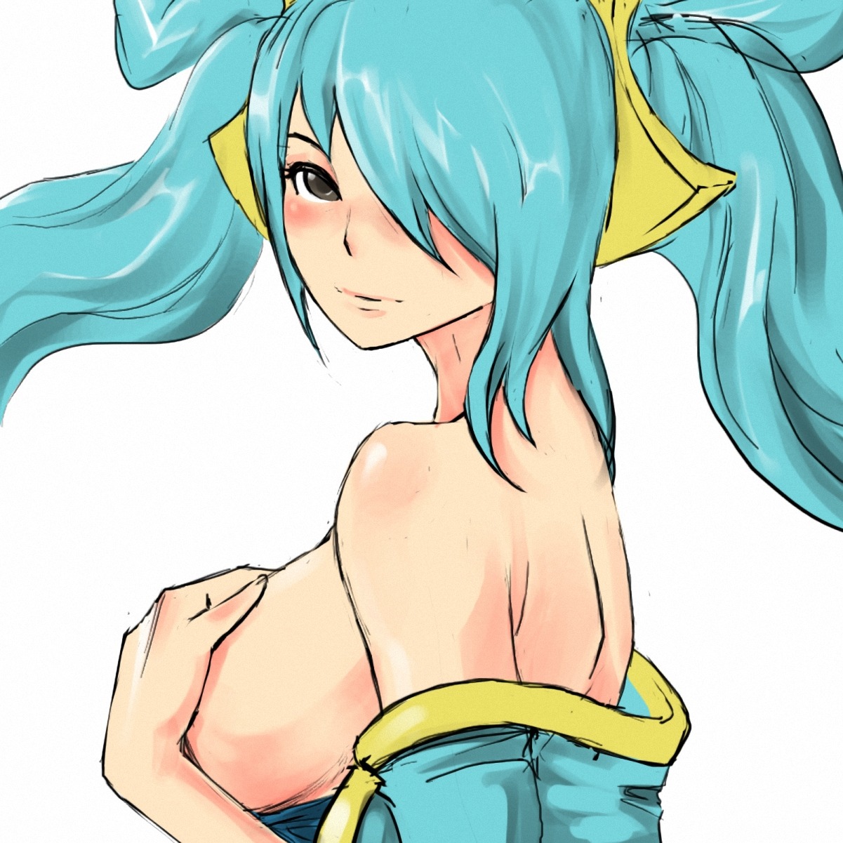 1girls blue_hair breasts covering_breasts female female_only grey_eyes human league_of_legends looking_at_viewer pale_skin riot_games rule34 side_view smooth_skin solo solo_female solo_focus sona_buvelle