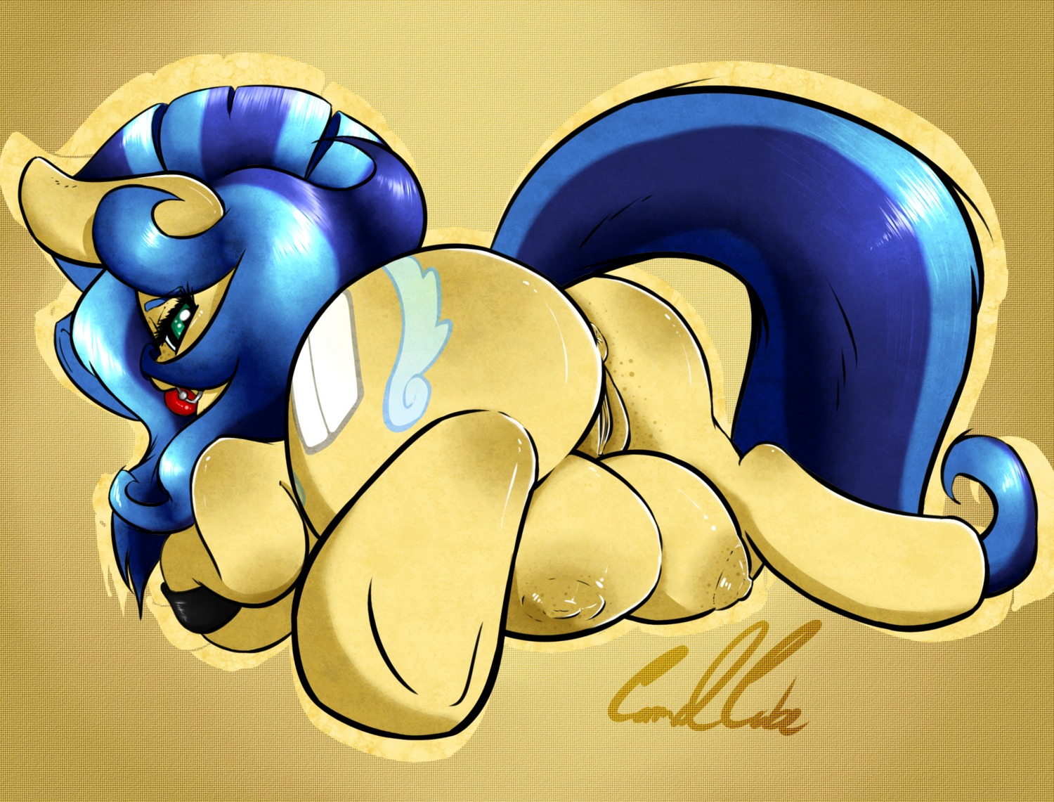 anus ball_gag blue_hair butt carmelpony cutie_mark e621 earth_pony equid equine fan_character female feral fur gag gagged genitals green_eyes hair hasbro hi_res hooves horse mammal milky_way_(flash_equestria) my_little_pony pony solo teats vulva yellow_body yellow_fur
