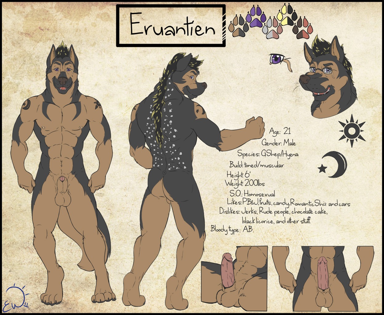 abs animal_genitalia anthro balls barefoot belly biceps big_penis biped black_body black_fur brown_balls brown_belly brown_body brown_fur brown_hair canid canine canis domestic_dog e621 english_text erection exawolf eyebrows eyewear fangs feet flaccid flexing fluffy fluffy_tail fur genitals german_shepherd glans glasses grey_body grey_fur grey_spots hair herding_dog humanoid_genitalia humanoid_hands humanoid_penis hybrid_genitalia hybrid_penis looking_at_viewer male mammal markings model_sheet mohawk multicolored_body multicolored_fur multiple_poses muscular muscular_anthro muscular_male navel nipples nude open_mouth open_smile pastoral_dog paws pecs penis penis_tip pink_penis pink_tongue pose presenting purple_eyes sheath sheathed_humanoid_penis short_hair simple_background sitting smile solo spots spotted_body spotted_fur standing stated_homosexuality stated_sexuality tail tattoo teeth text tongue vein whiskers
