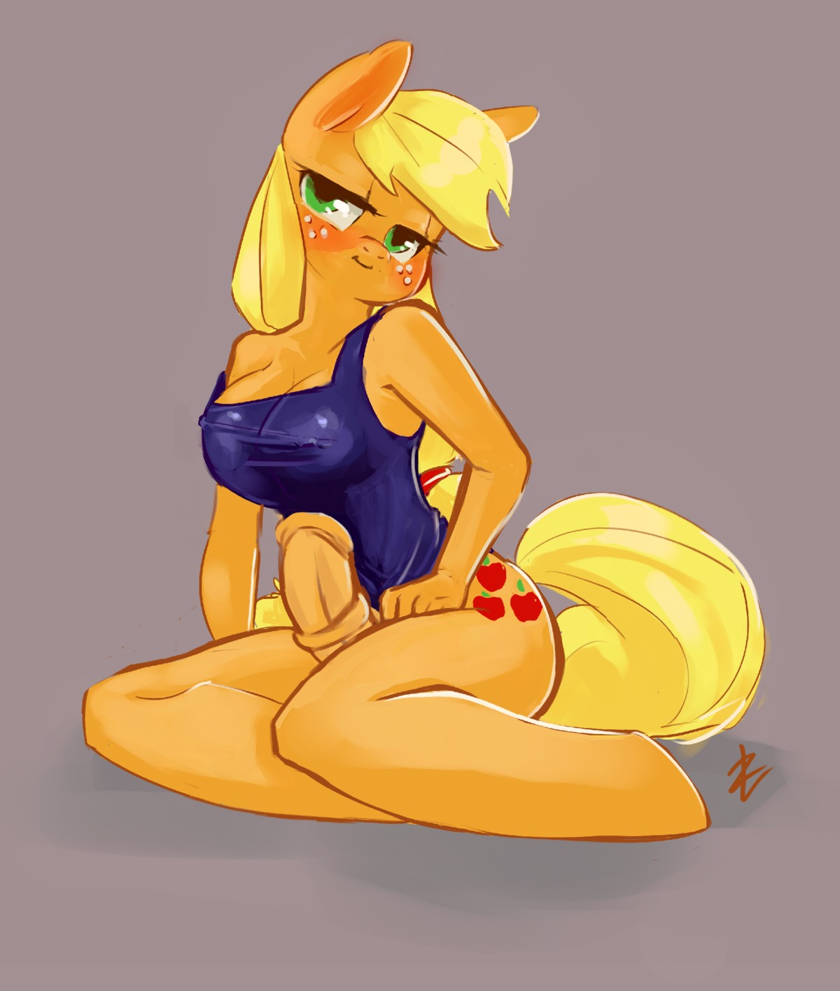 2013 anthro anthrofied applejack_(mlp) biped blonde_hair blush bottomless breasts cleavage clothed clothing cutie_mark dress e621 earth_pony equid equine erection freckles friendship_is_magic fur genitals green_eyes grey_background gynomorph hair hasbro hi_res horse intersex lizombie looking_at_viewer mammal my_little_pony off_shoulder one-piece_swimsuit orange_body orange_fur partially_clothed penis pony signature simple_background sitting smile solo swimwear tail