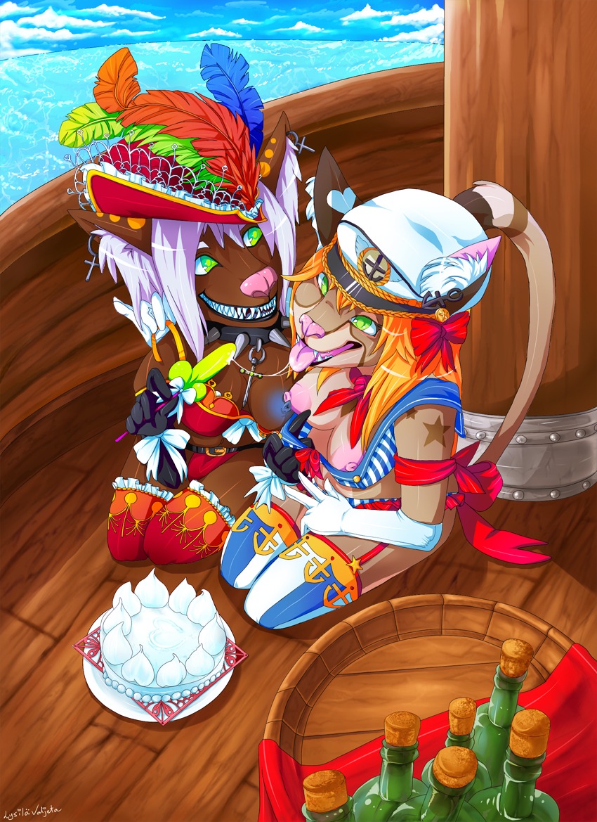 blonde_hair bottle breasts cake clothing collar colorful_theme container cougar dessert domestic_cat duo e621 ear_piercing feathers felid feline felis female fluffy food food_fetish green_eyes grey_hair hair hat headgear headwear heart_symbol lace legwear lingerie lv- mammal melee_weapon nipples penis_popsicle piercing pirate ribbons sailor sea sitting stockings stripes suggestive suggestive_food sword water weapon