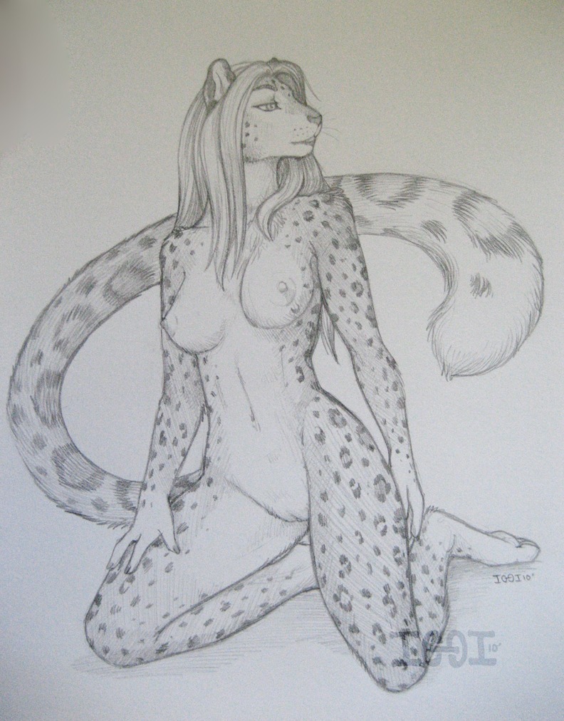 2010 anthro breasts e621 felid female genitals greyscale iggi leopard leopard_spots mammal monochrome nipples nude pantherine simple_background sketch snow_leopard solo spots tail vulva white_background