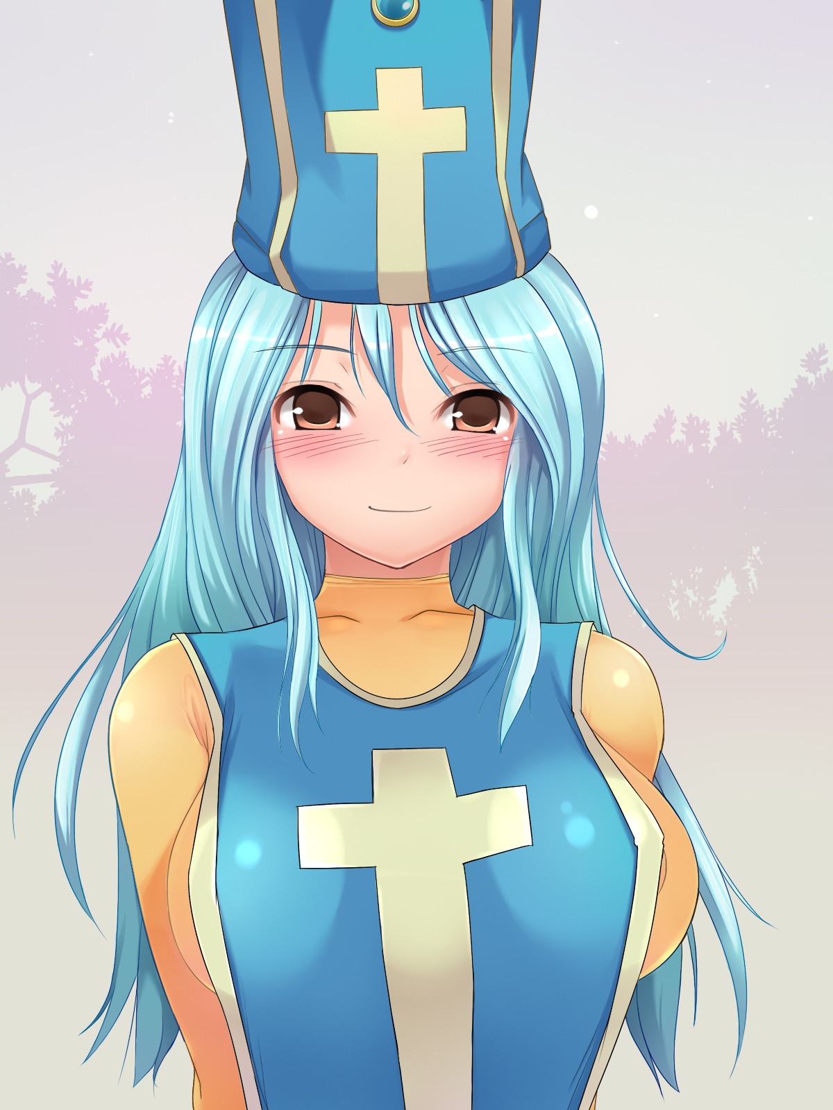 blue_hair blush breasts brown_eyes clothing dragon_quest dragon_quest_iii female hat heart_dorobow highres latex medium_breasts priest_(dq3) rule34 smile