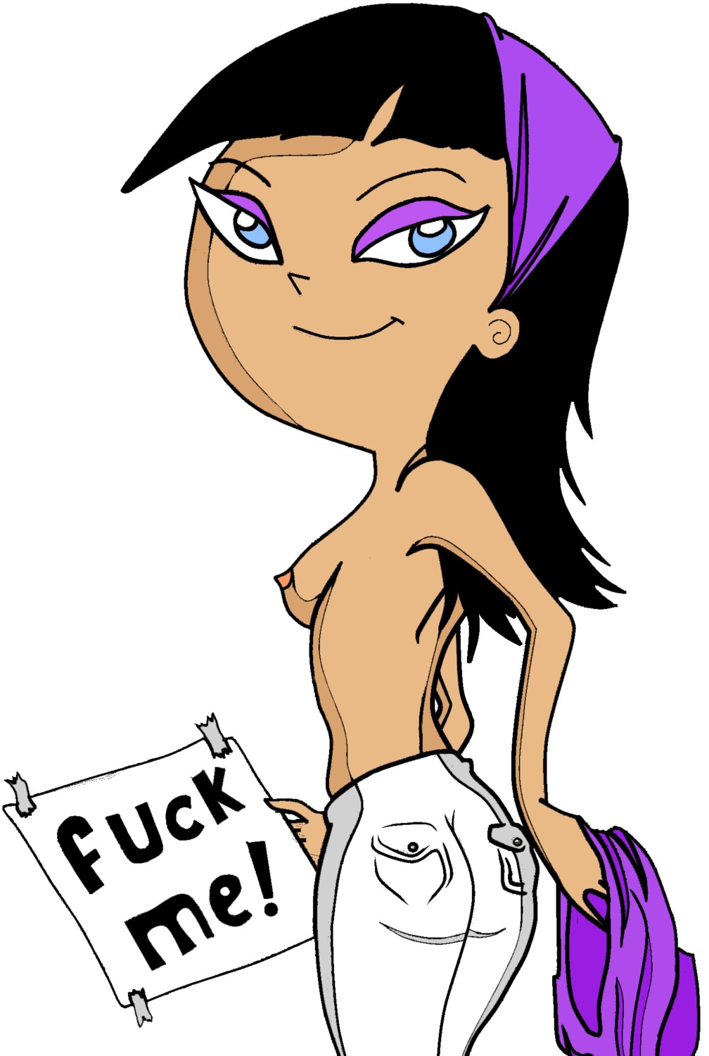 back_view big_head black_hair english_text female female_only fluffy_(artist) holding_clothing holding_object human looking_at_viewer looking_back nickelodeon pants paper rule34 smile solo standing straight_hair tagme the_fairly_oddparents toony topless trixie_tang