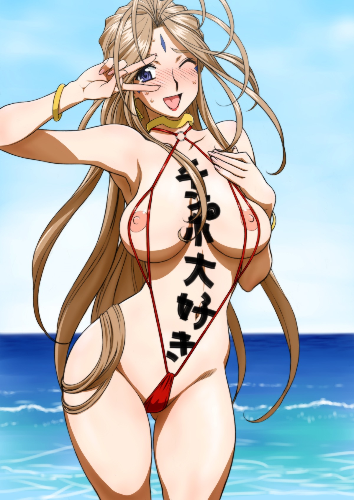 1girls antenna_hair armlet beach belldandy blush body_writing breasts brown_hair collar earrings facial_markings female hand_on_chest happy jewelry joy_division lipstick medium_breasts nipples nude oh_my_goddess! open_mouth pointy_chin pretzel_bikini public_nudity rule34 sea smile smiling sweat swimsuit thigh_gap v very_long_hair wide_hips wink