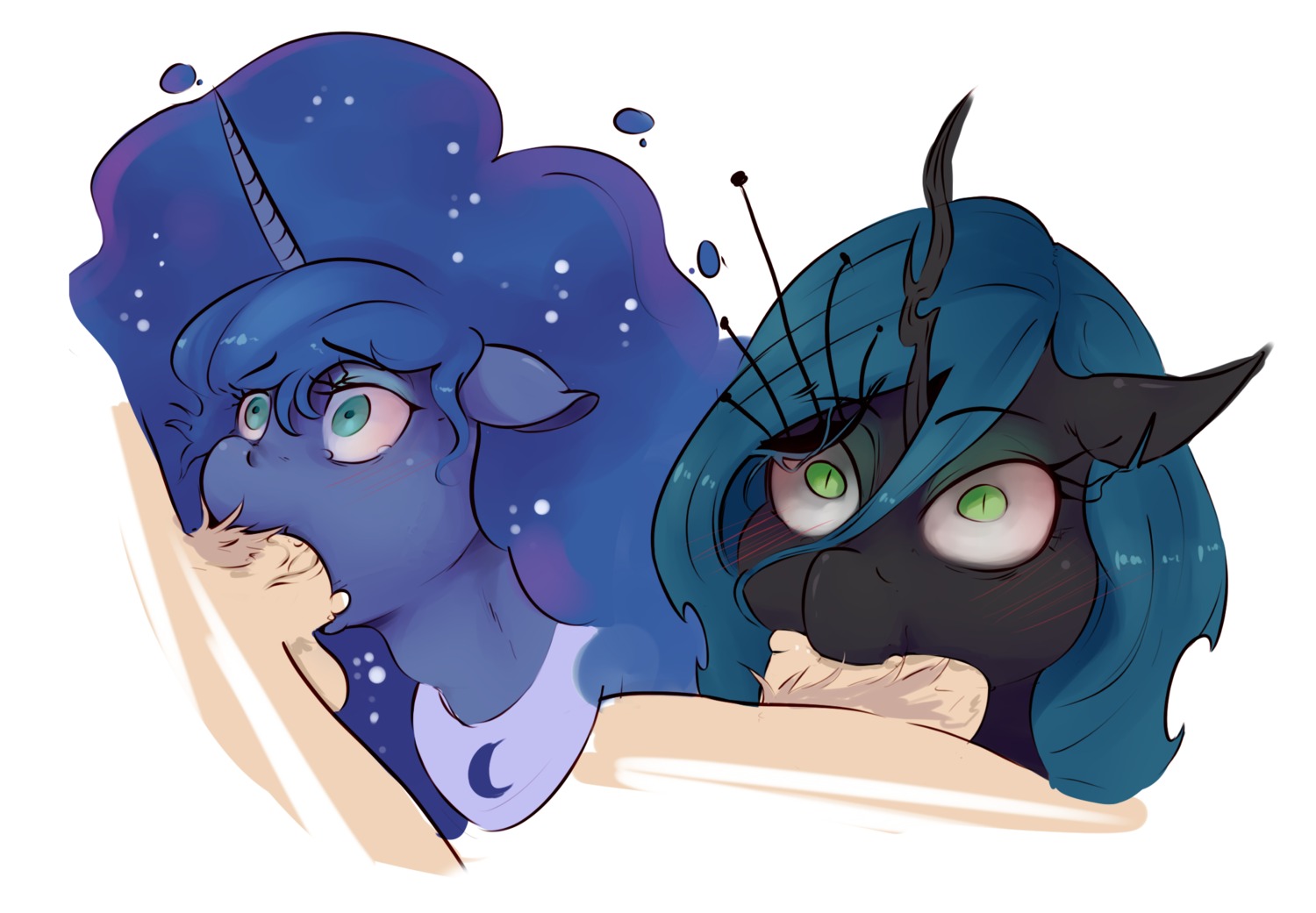2014 arthropod balls blue_body blue_fur blue_hair blush changeling_(mlp) deep_throat e621 equid equine erection eyelashes fellatio female feral friendship_is_magic fur genitals group hair hasbro hi_res horn long_hair male male/female mammal my_little_pony mythological_creature mythological_equine mythology neck_bulge oral oral_penetration penetration penile penis princess_luna_(mlp) pupils queen_chrysalis_(mlp) sex slit_pupils sundown_(artist) unicorn