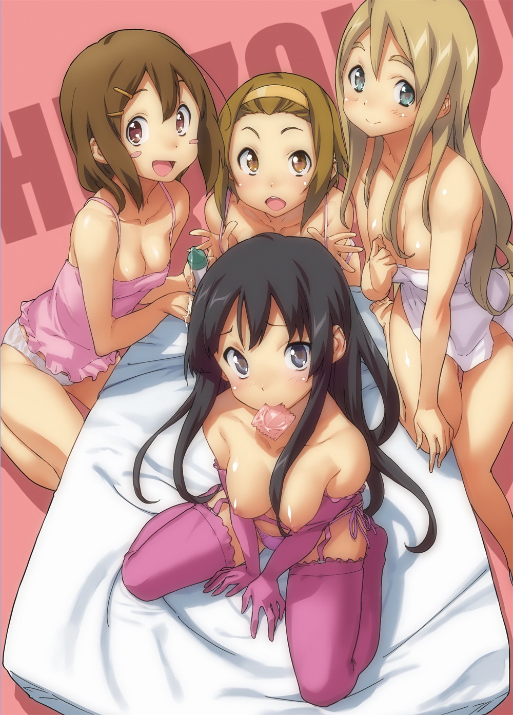 bare_shoulders barefoot blush_stickers bottomless breasts camisole cleavage condom condom_in_mouth elbow_gloves face female garter_belt gloves hair_ornament hairband hairclip happy highres human human_only k-on! lingerie looking_at_viewer looking_up lotion mio_akiyama_(k-on!) mouth_hold multiple_females multiple_girls naked_towel nipples no_pants panties pink_legwear pink_panties ritsu_tainaka_(k-on!) rule34 sameda_koban strap_lift take_your_pick thighhighs towel tsumugi_kotobuki_(k-on!) underwear underwear_only white_panties yui_hirasawa_(k-on!)