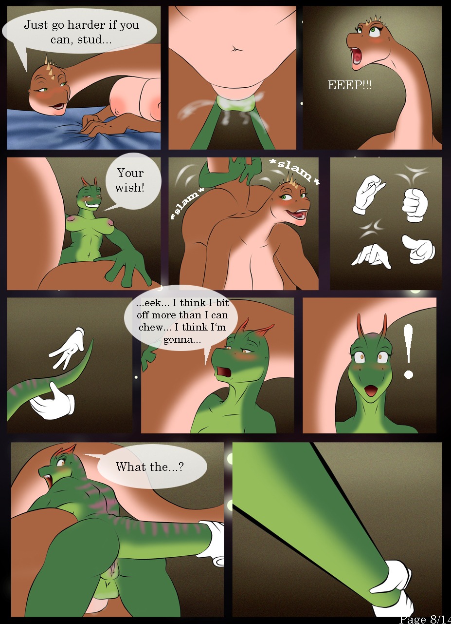 all_fours allosaurid allosauroid amber_eyes anthro areola balls big_areola big_breasts big_butt bodily_fluids breasts brown_body brown_nipples brown_skin butt clothing comic cum dinosaur dinosaurs_inc. diplodocid diplodocoid diplodocus doggystyle duo e621 english_text exclamation_point female female_penetrated from_behind_position genital_fluids genitals gloves green_eyes handwear herm herm/female herm_penetrating herm_penetrating_female hi_res huge_butt intersex intersex/female intersex_penetrating intersex_penetrating_female lanoro lips long_neck magic nipples non-mammal_balls non-mammal_breasts non-mammal_nipples nude overweight penetration penile penile_penetration penis penis_in_vagina prehistoric_species purple_nipples reptile robin_savage saurischian sauropod sauropodomorph scalie sex slightly_chubby sora_(trias) tail tail_grapple tail_pull text theropod thick_lips trias vaginal vaginal_penetration vulva