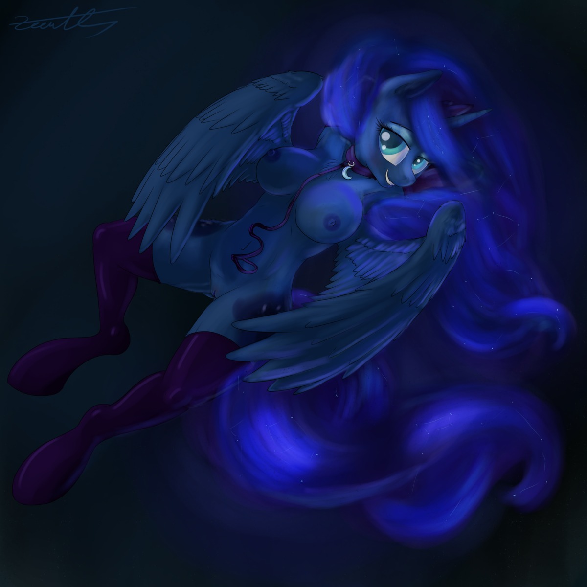1:1 2014 anthro anthrofied blue_body blue_eyes blue_feathers blue_fur blue_hair breasts clothing collar e621 equid equine eyelashes feathered_wings feathers female friendship_is_magic fur genitals hair hands_behind_head hasbro hi_res horn leash legwear long_hair looking_at_viewer mammal my_little_pony mythological_creature mythological_equine mythology nipples princess_luna_(mlp) smile solo thigh_highs vulva winged_unicorn wings xanthor