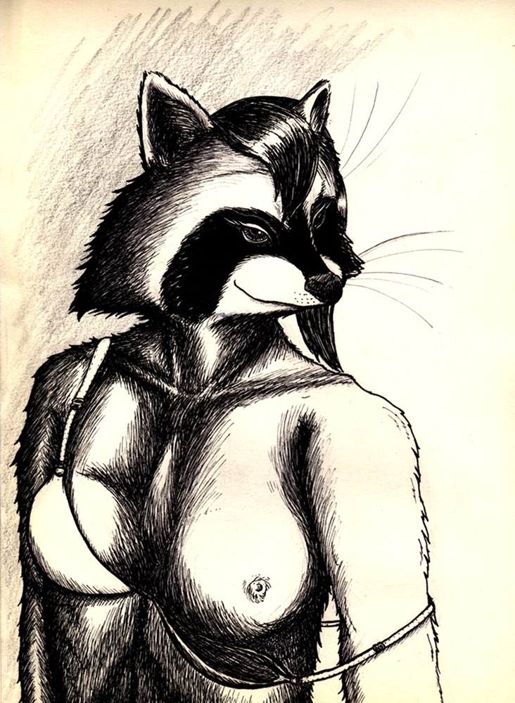 anthro armendariz black_and_white breasts female hair monochrome nipples plain plain_background raccoon rule34 smile solo underwear