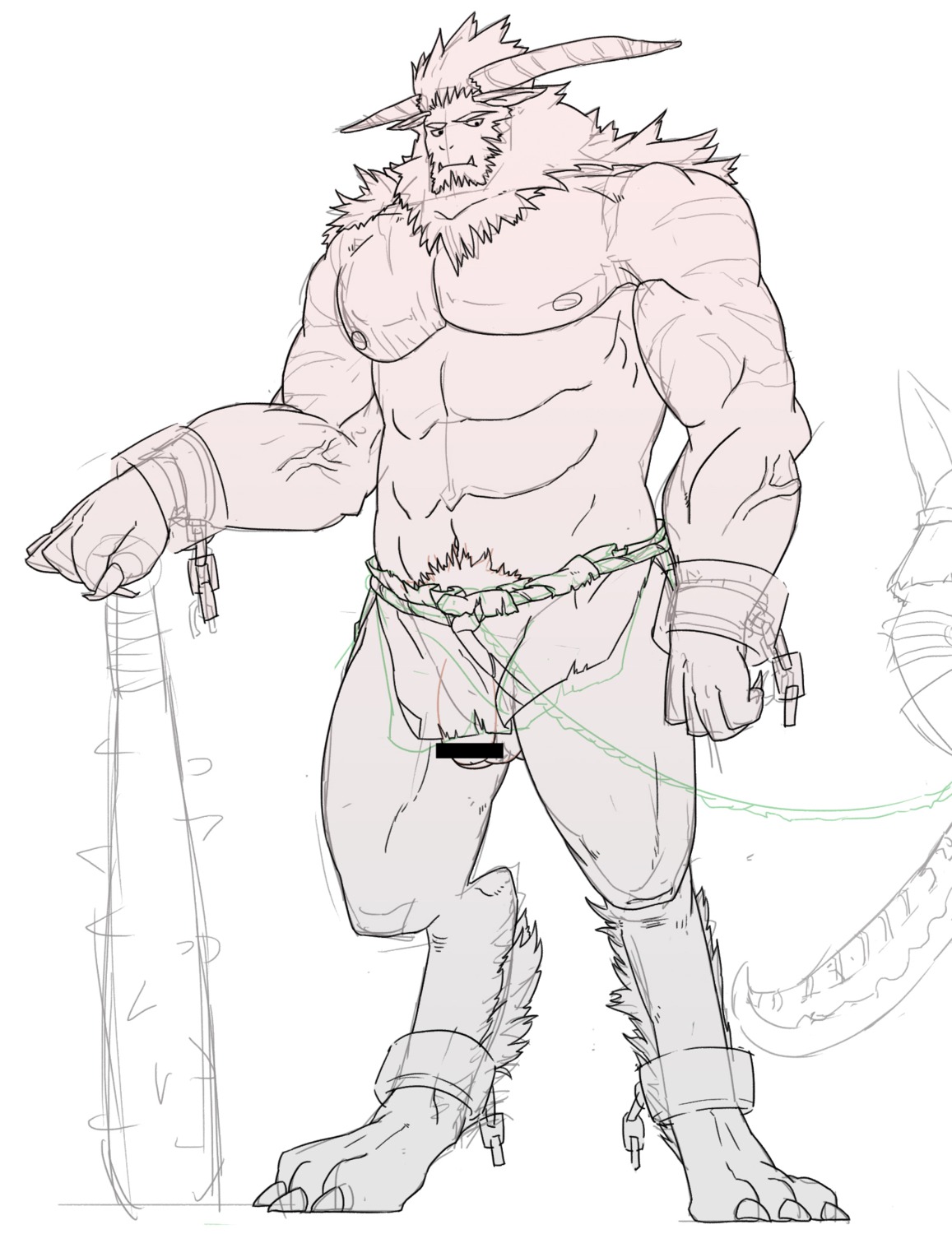 balls bottomwear captured censor_bar censored chain clothing club_(weapon) digitigrade e621 flaccid genitals hi_res horn humanoid ineffective_censorship ineffective_clothing ineffective_loincloth loincloth male melee_weapon penis rope sketch solo weapon 秋季