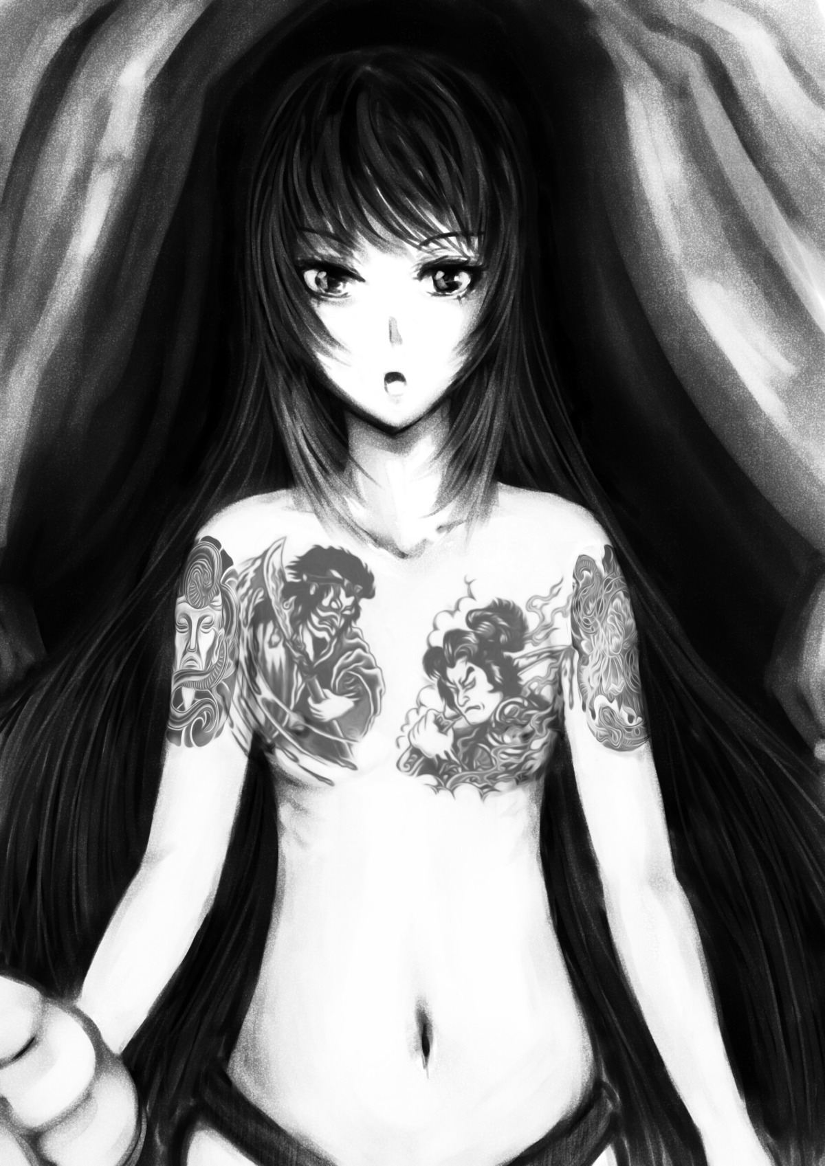 female menulizz monochrome pointy_chin rule34 tagme tattoo