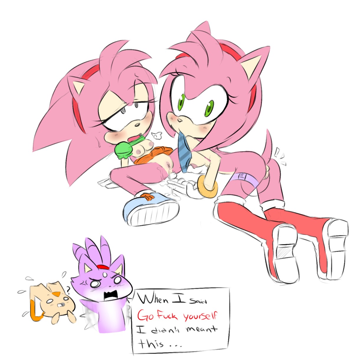 accessory amy_rose anthro anus blaze_the_cat blush bodily_fluids boots breasts butt classic_amy_rose classic_sonic_(universe) clothed clothing cream_the_rabbit cum dialogue digital_media_(artwork) domestic_cat domestic_rabbit e621 english_text eulipotyphlan european_hedgehog felid feline felis female female/female footwear fur genital_fluids genitals green_eyes group hair hair_accessory hairband hedgehog hi_res lagomorph leporid looking_at_viewer lop_rabbit mammal nipples nude orgasm oryctolagus panties partially_clothed pink_body pink_hair ponytail profanity purple_body purple_fur question_mark rabbit sega selfcest sex sex_toy shoes small_breasts sonic_the_hedgehog_(series) square_crossover sweat tenshigarden text thin_calves thin_legs thin_thighs underwear vaginal vibrator vulva young young_anthro