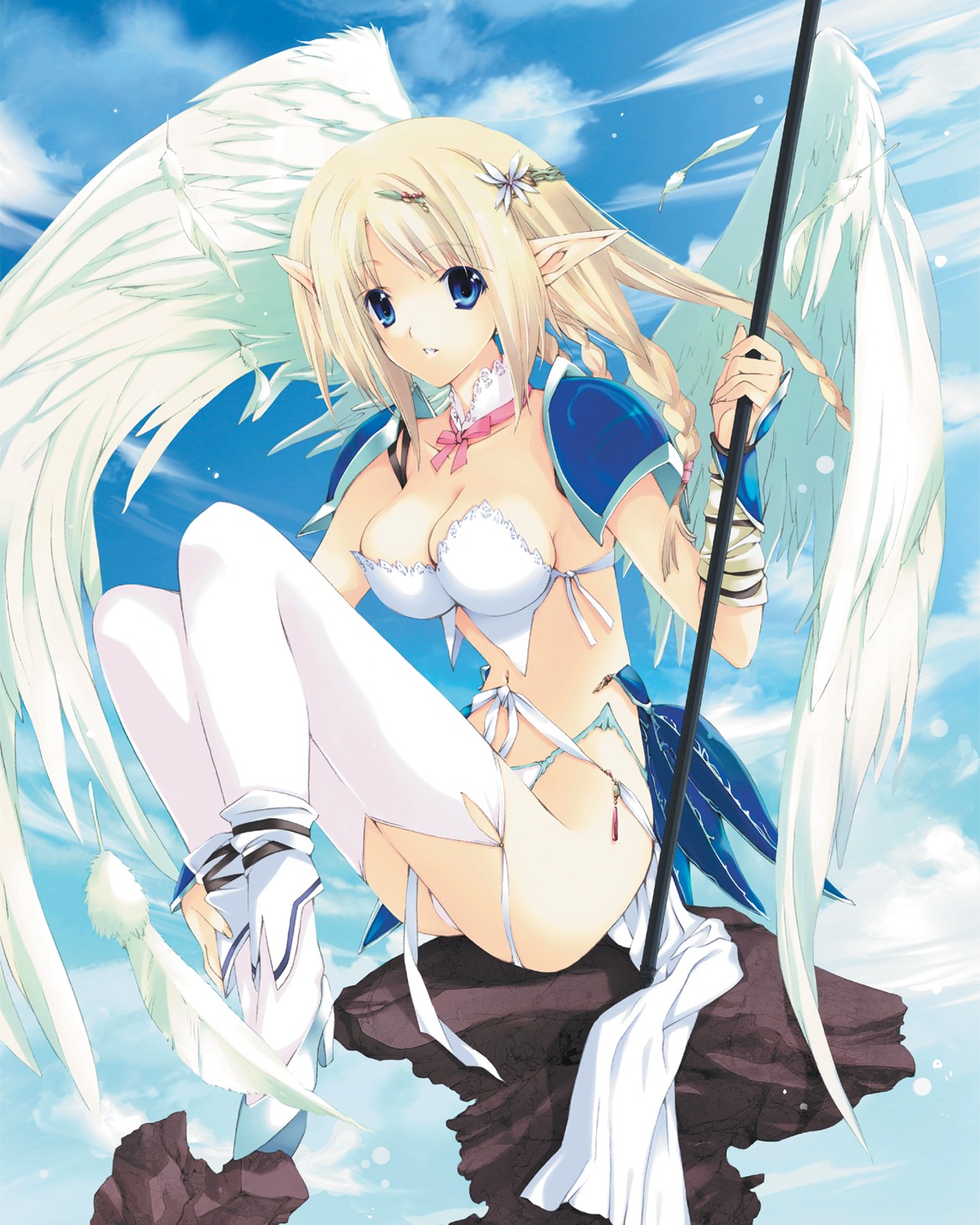 blonde_hair blue_eyes bra braid breasts cleavage collar duplicate feathers female highres iizuki_tasuku lingerie rule34 thighhighs underwear wings